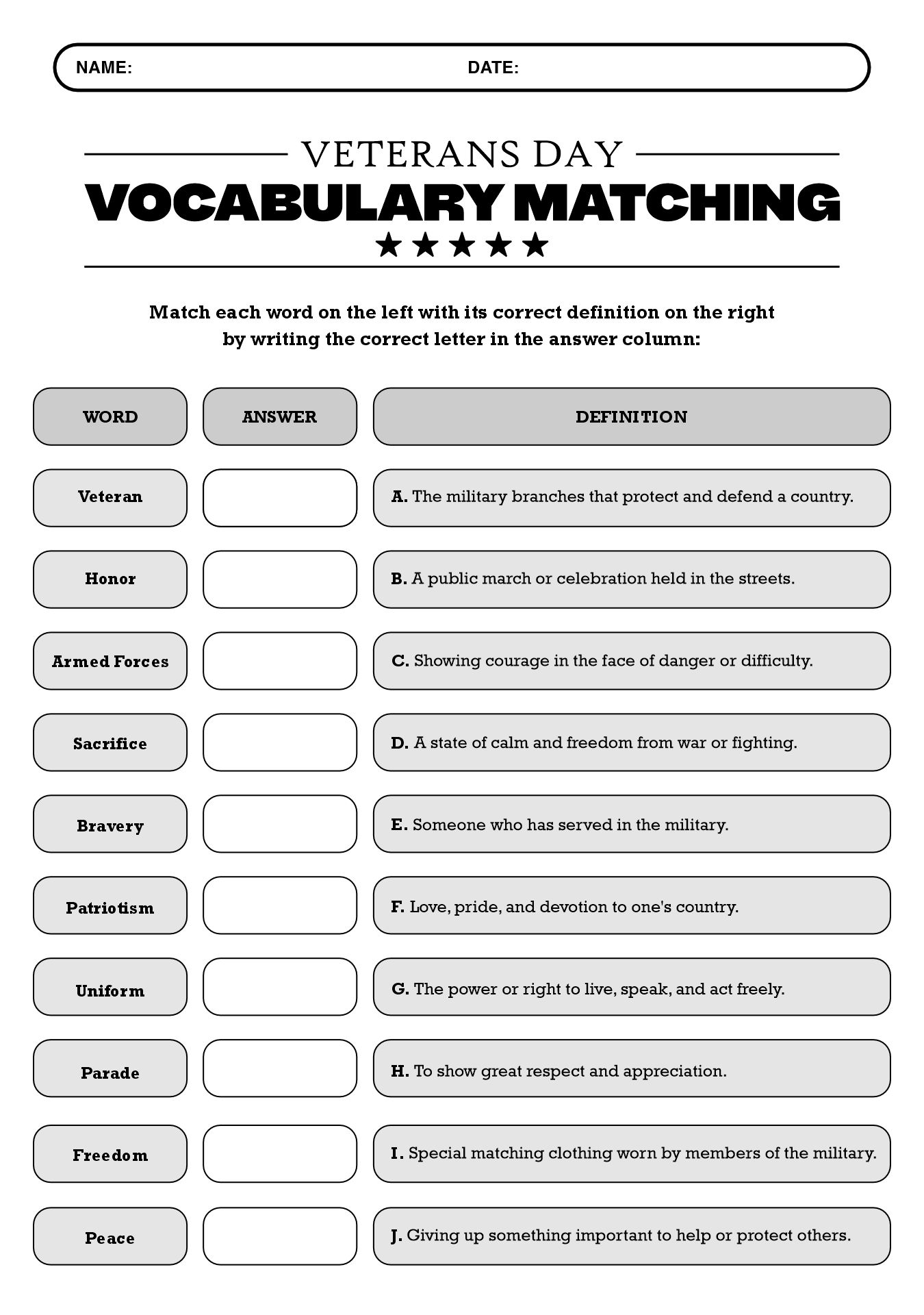 Worksheet for Veterans Day Elementary Education