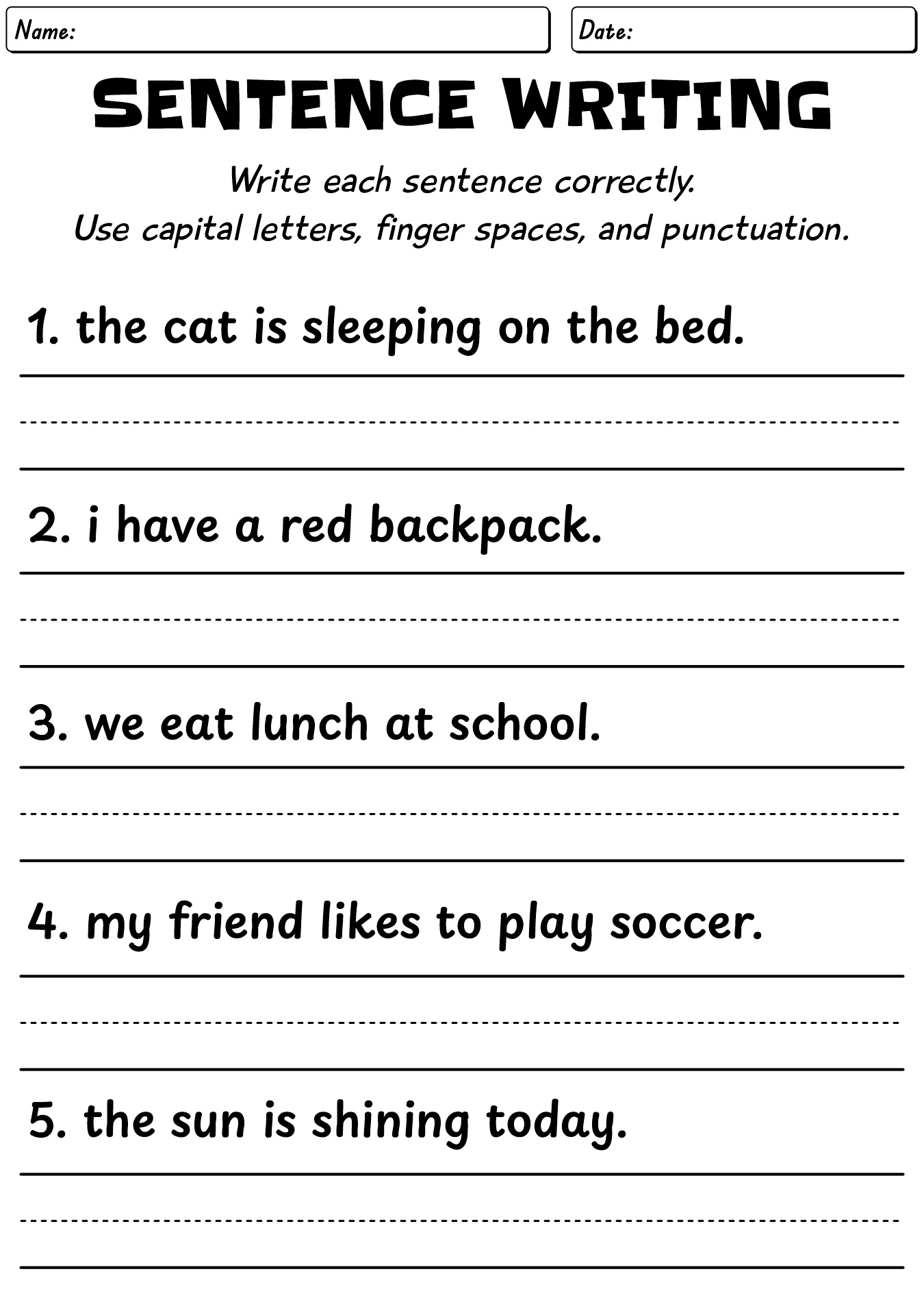 Writing Sentences Practice for Young Learners