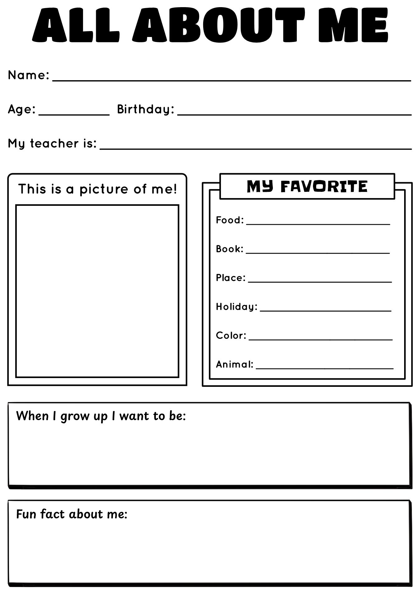 1st Grade Student Self Introduction Worksheet Activity