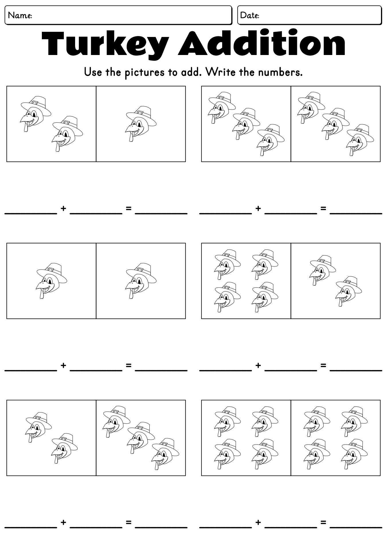 1st Grade Turkey Addition Worksheets