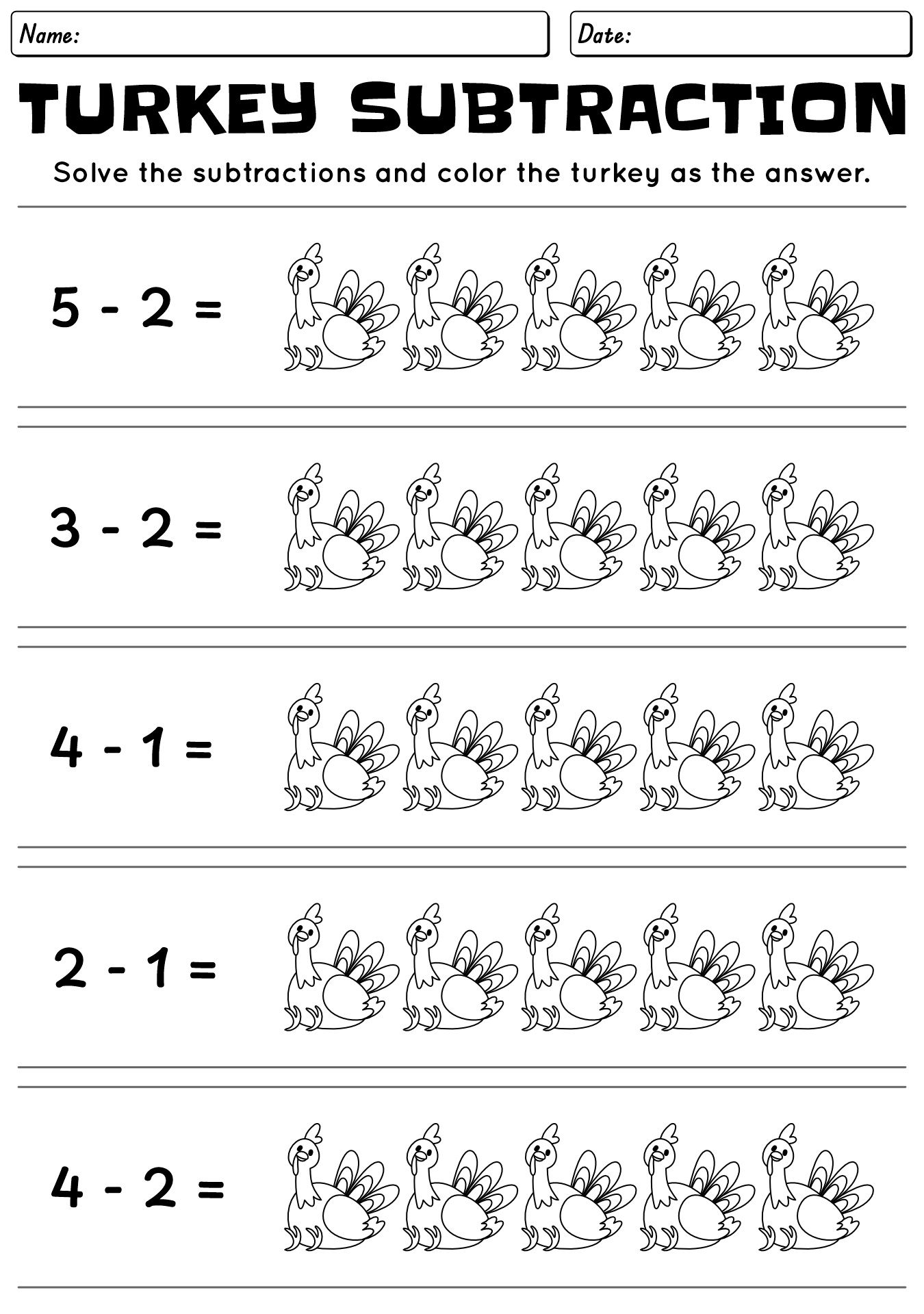 1st Grade Turkey Subtraction Worksheets