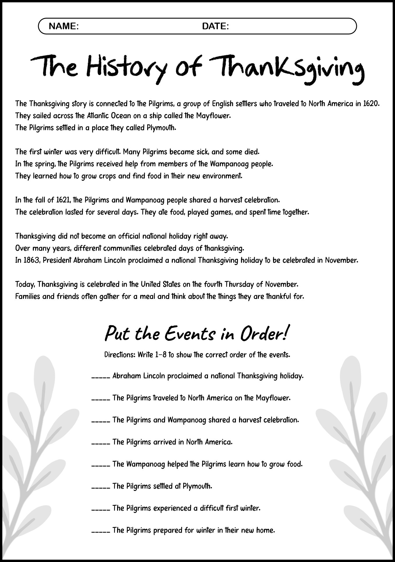 4th Grade Thanksgiving History Worksheets