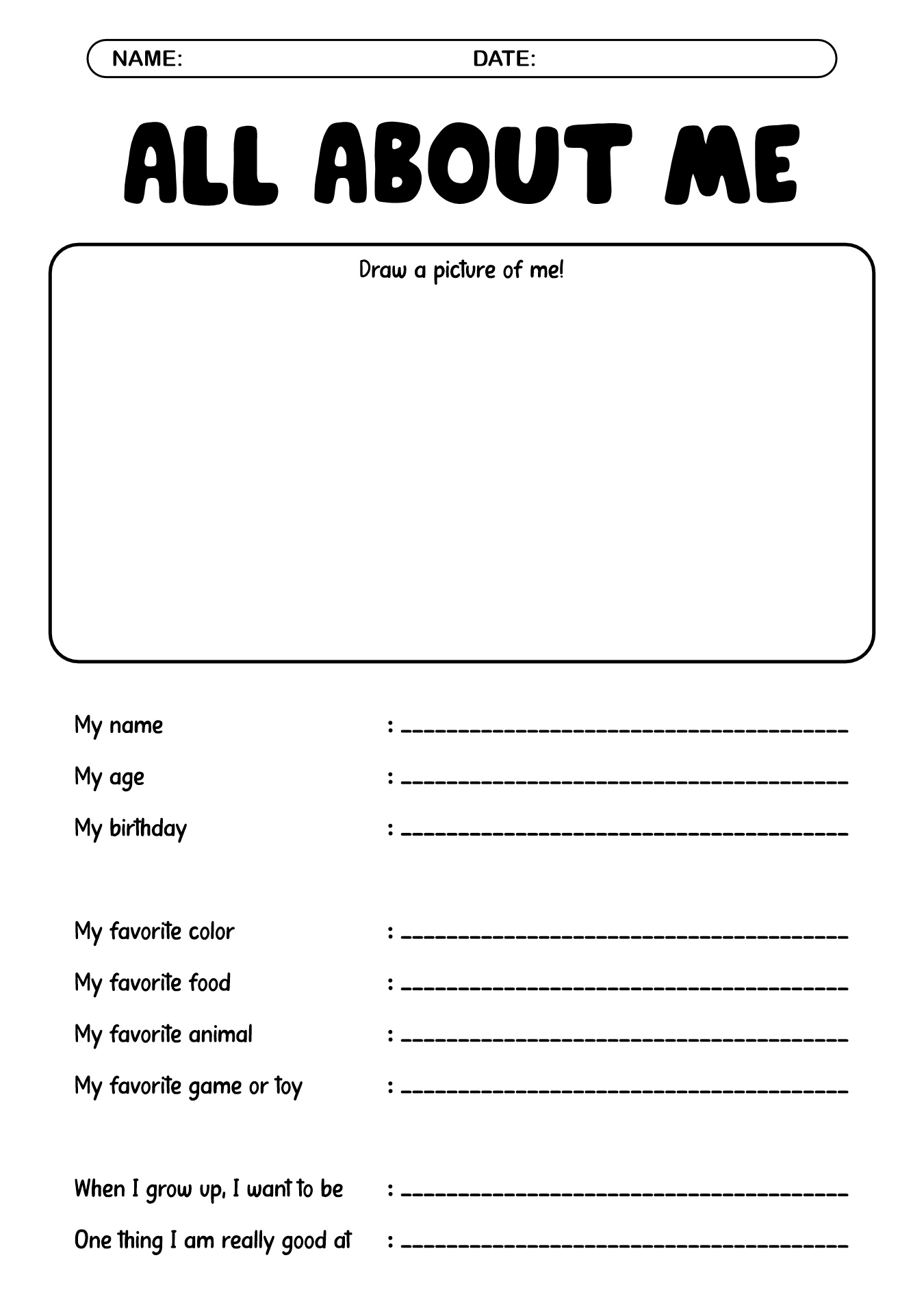 About Me Worksheet for Elementary 1st Grade Students