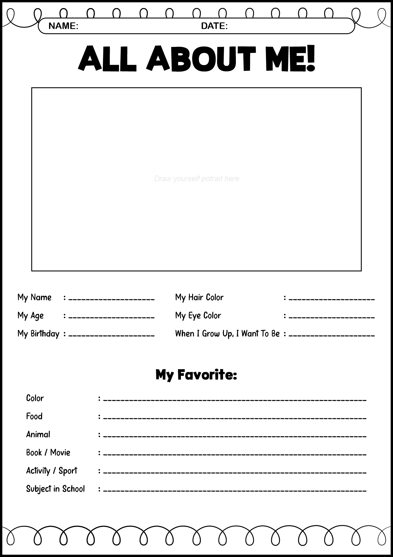 All About Me Self Portrait Drawing Worksheet