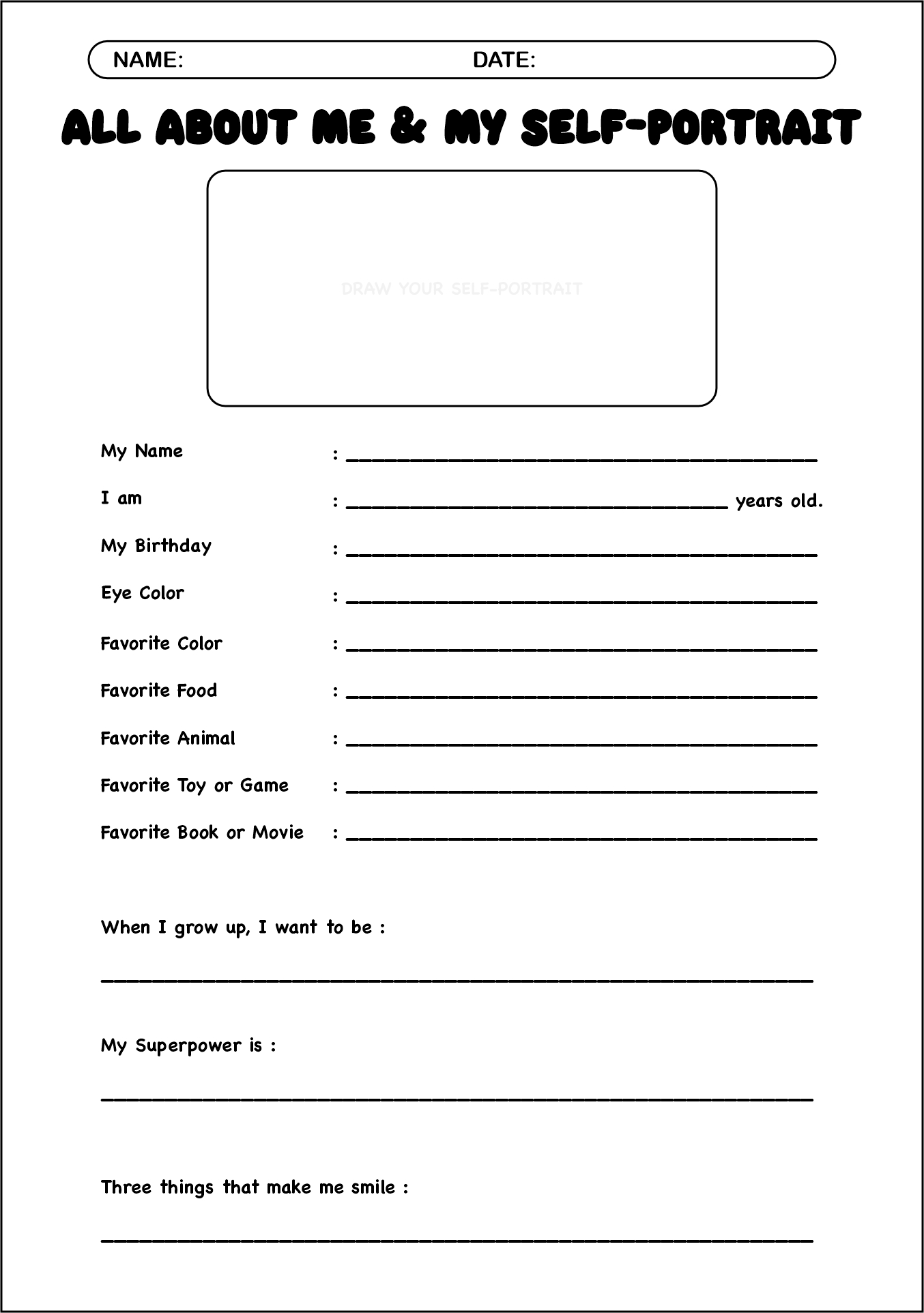 All About Me Self Portrait for Kids Worksheet