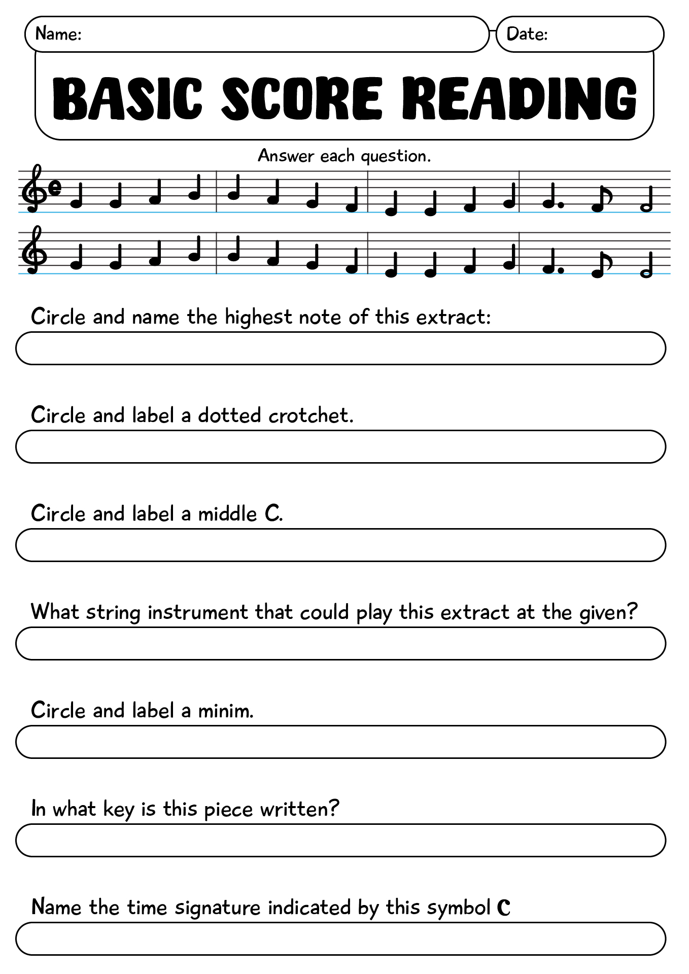 Basic Score Reading Worksheets