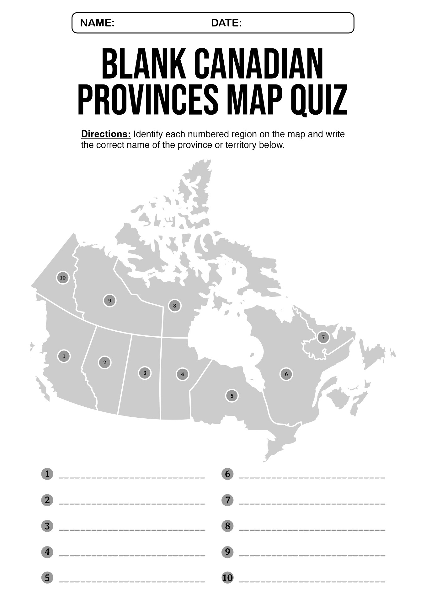 Blank Canadian Provinces Map Quiz Worksheet