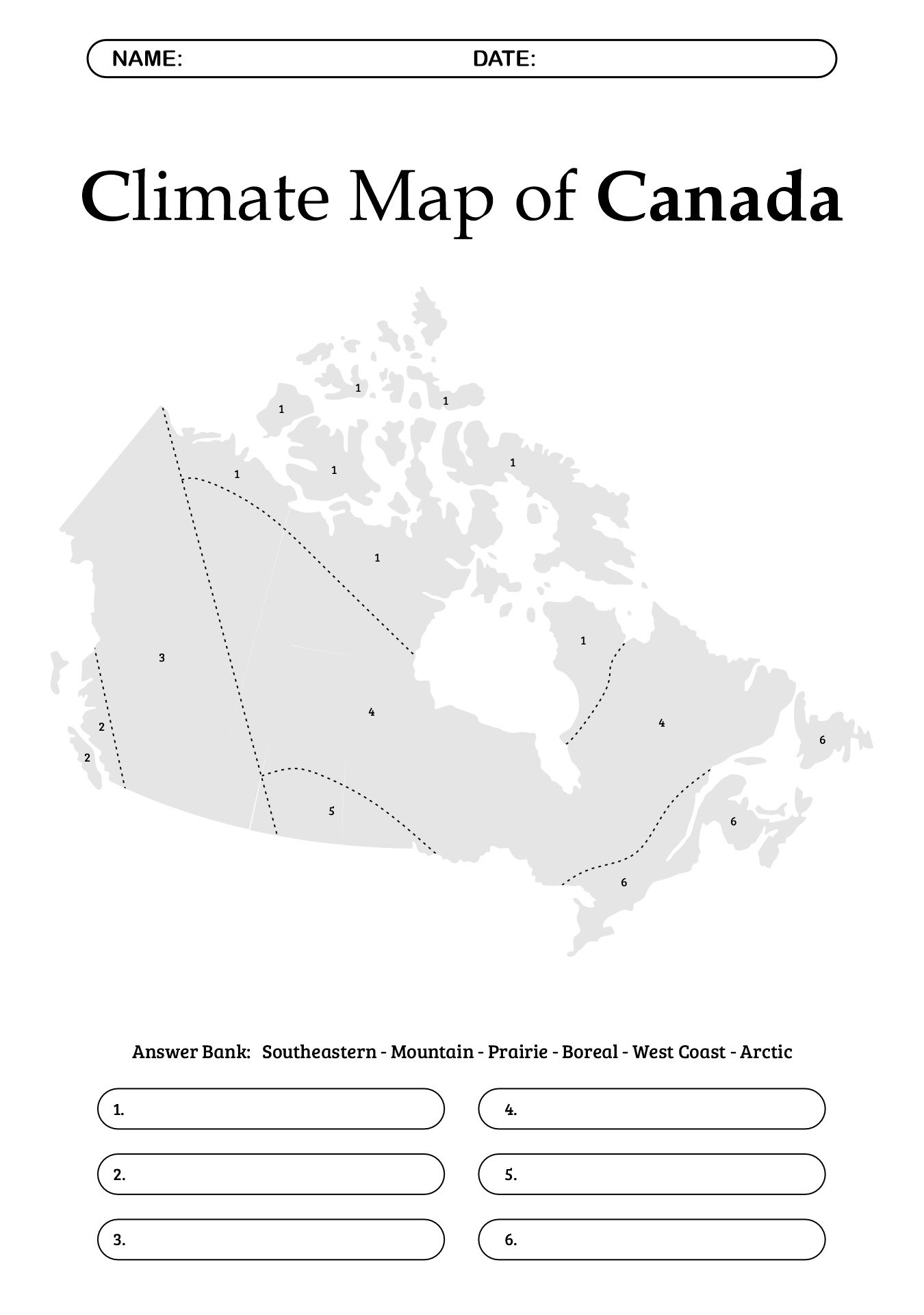 Blank Climate Map of Canada Worksheet