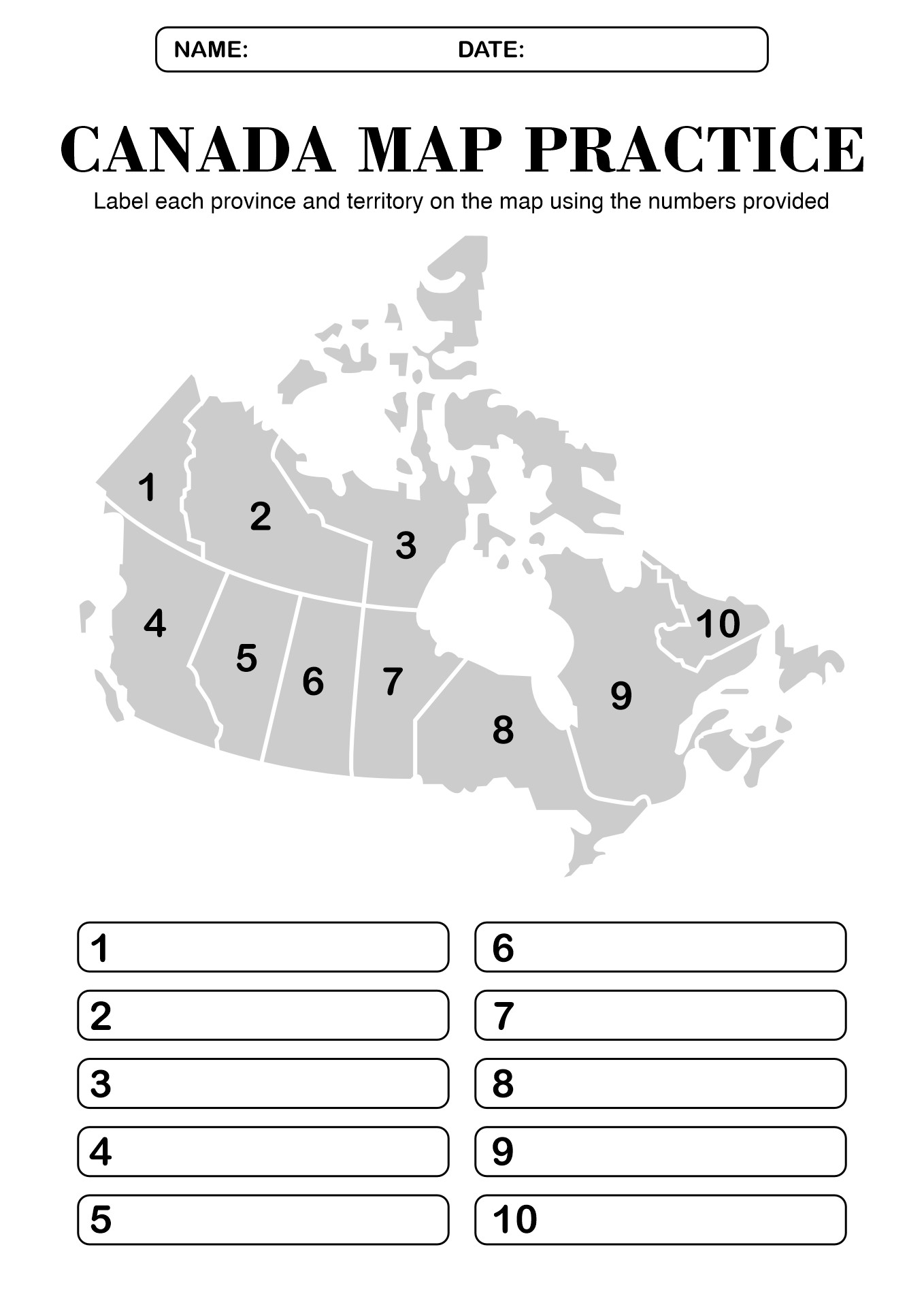 Blank Map of Canada Practice Worksheet