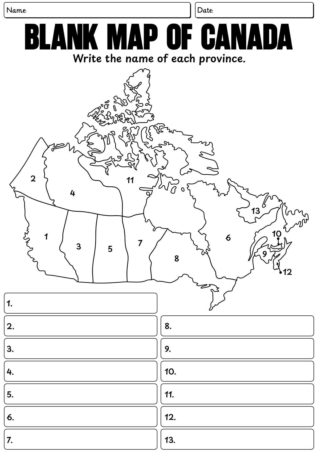 Blank Map Of Canada Printable Worksheet