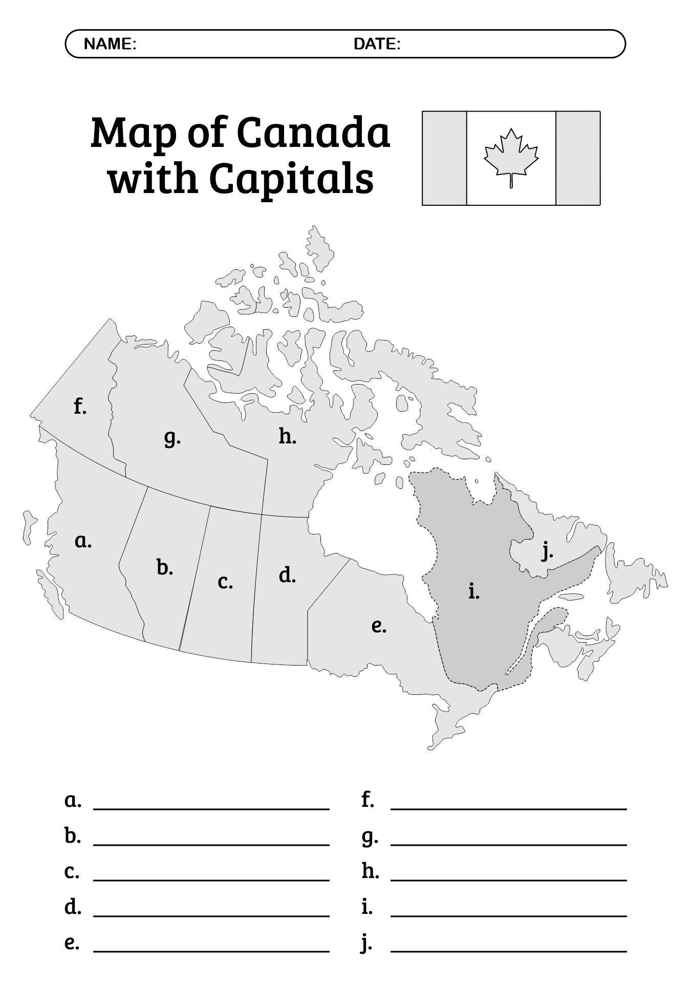 Blank Map of Canada with Capitals Worksheet