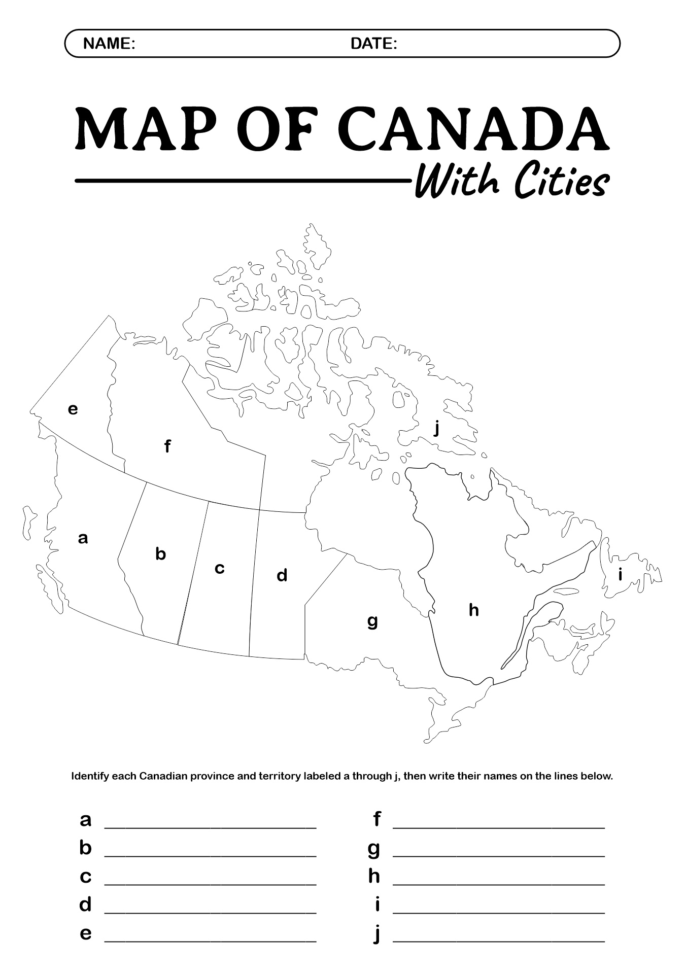 Blank Map of Canada with Cities Worksheet