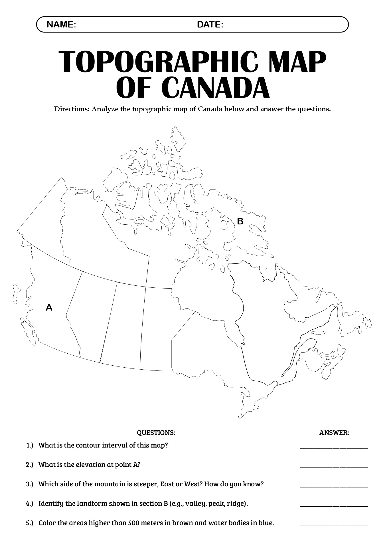 Blank Topographic Map of Canada Worksheet