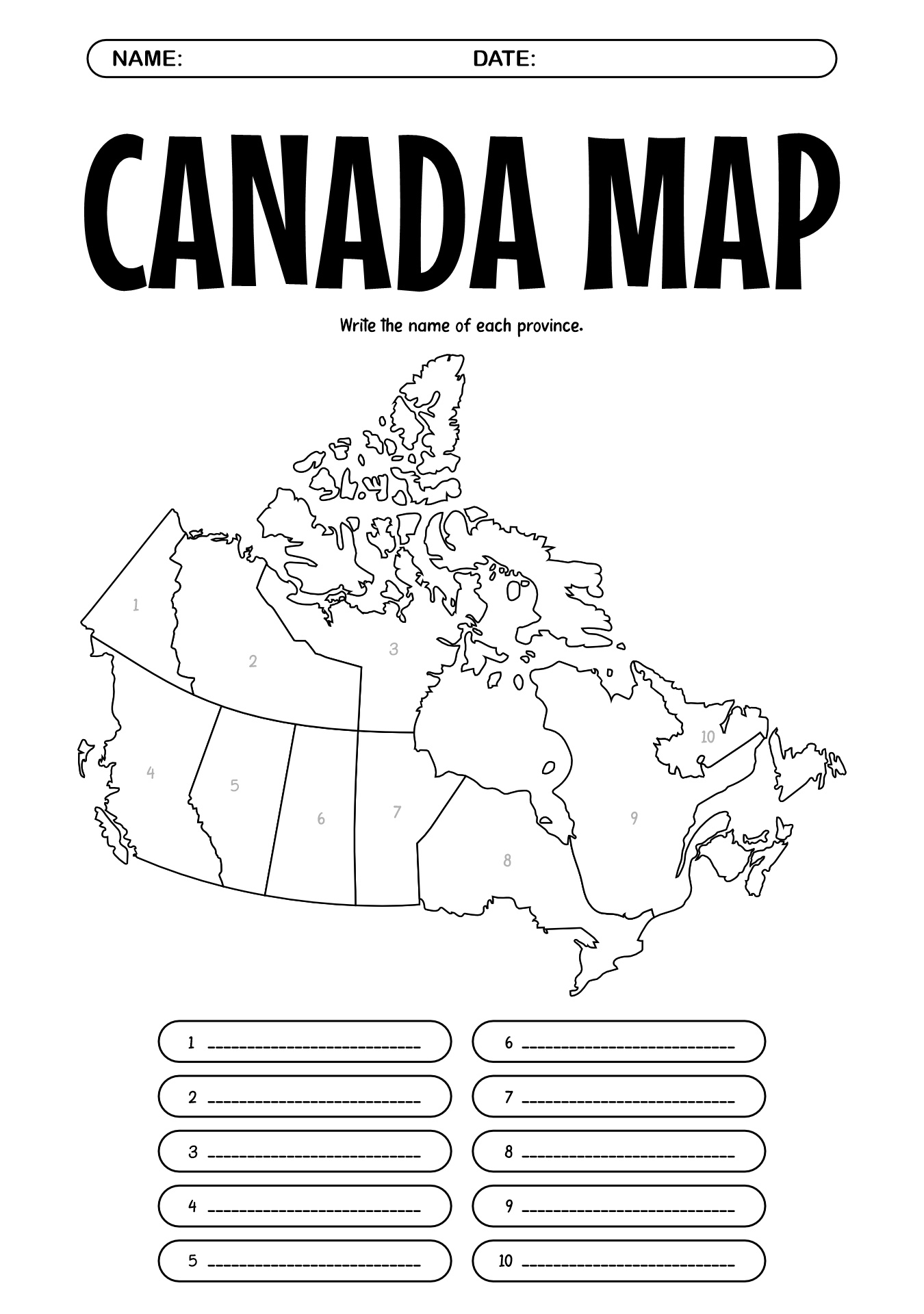 Canada Map Blank Worksheet for Classroom Activity