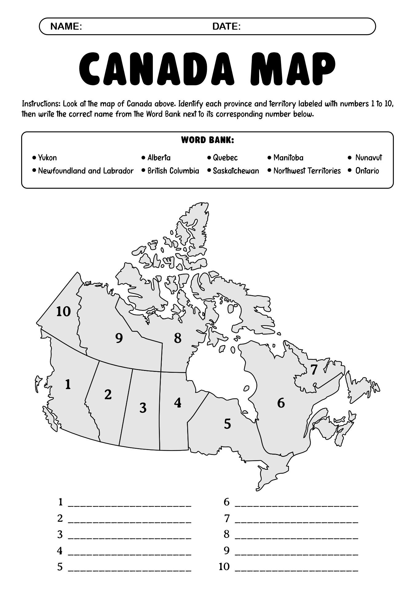 Canada Map Blank Worksheet for Kids Learning