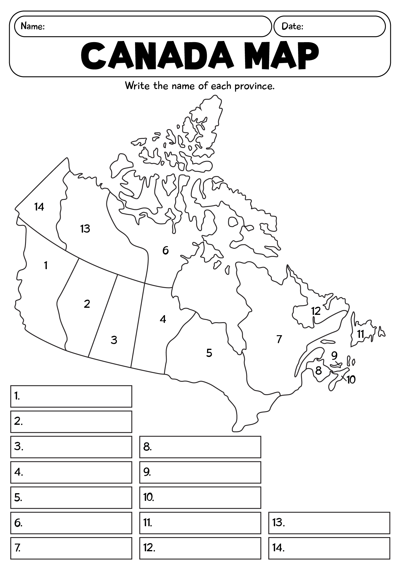 Canada Map Printable Worksheet