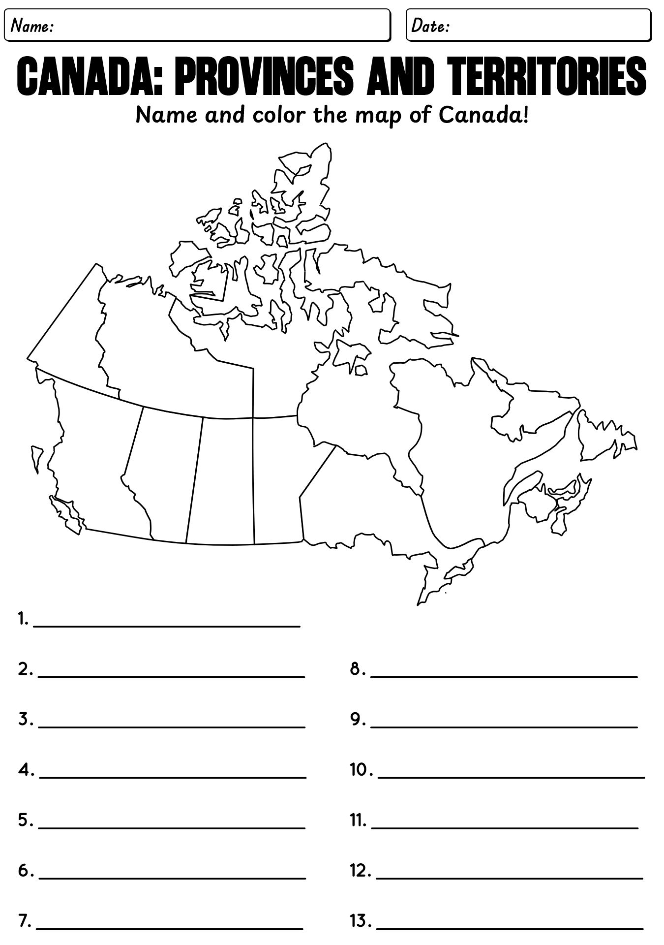 Canadian Provinces & Territories Worksheet