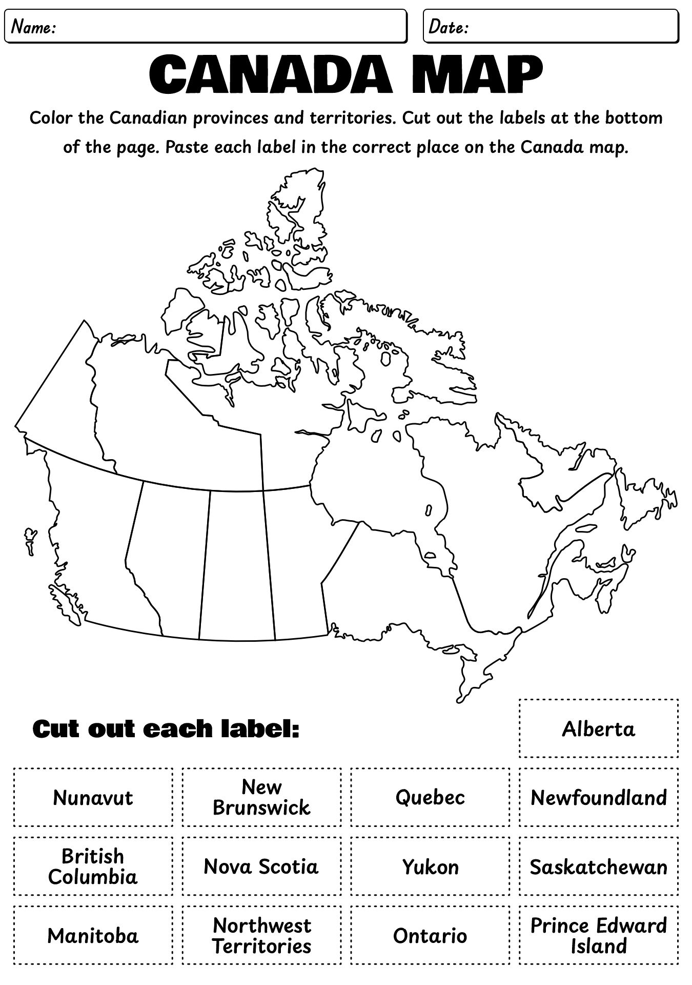 Color Cut Paste Canada Map Worksheet