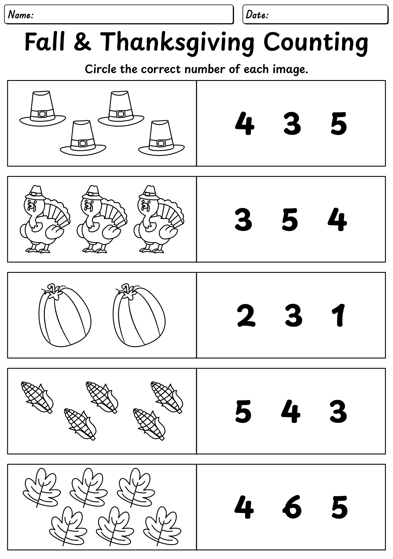 Counting Fall Items Thanksgiving Worksheet