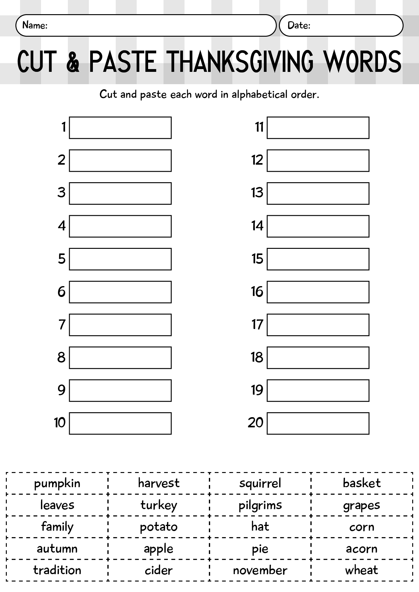 Cut And Paste Thanksgiving Word Worksheet