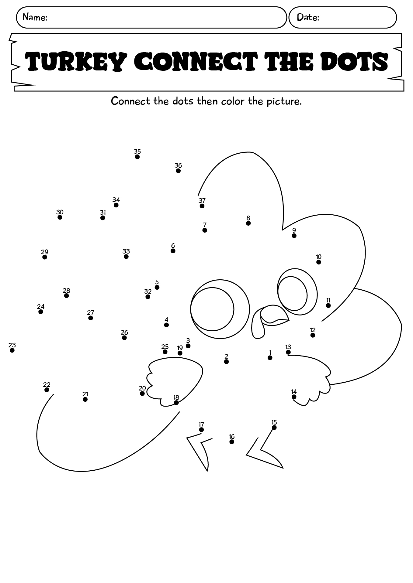 Cute Turkey Connect The Dots Worksheet