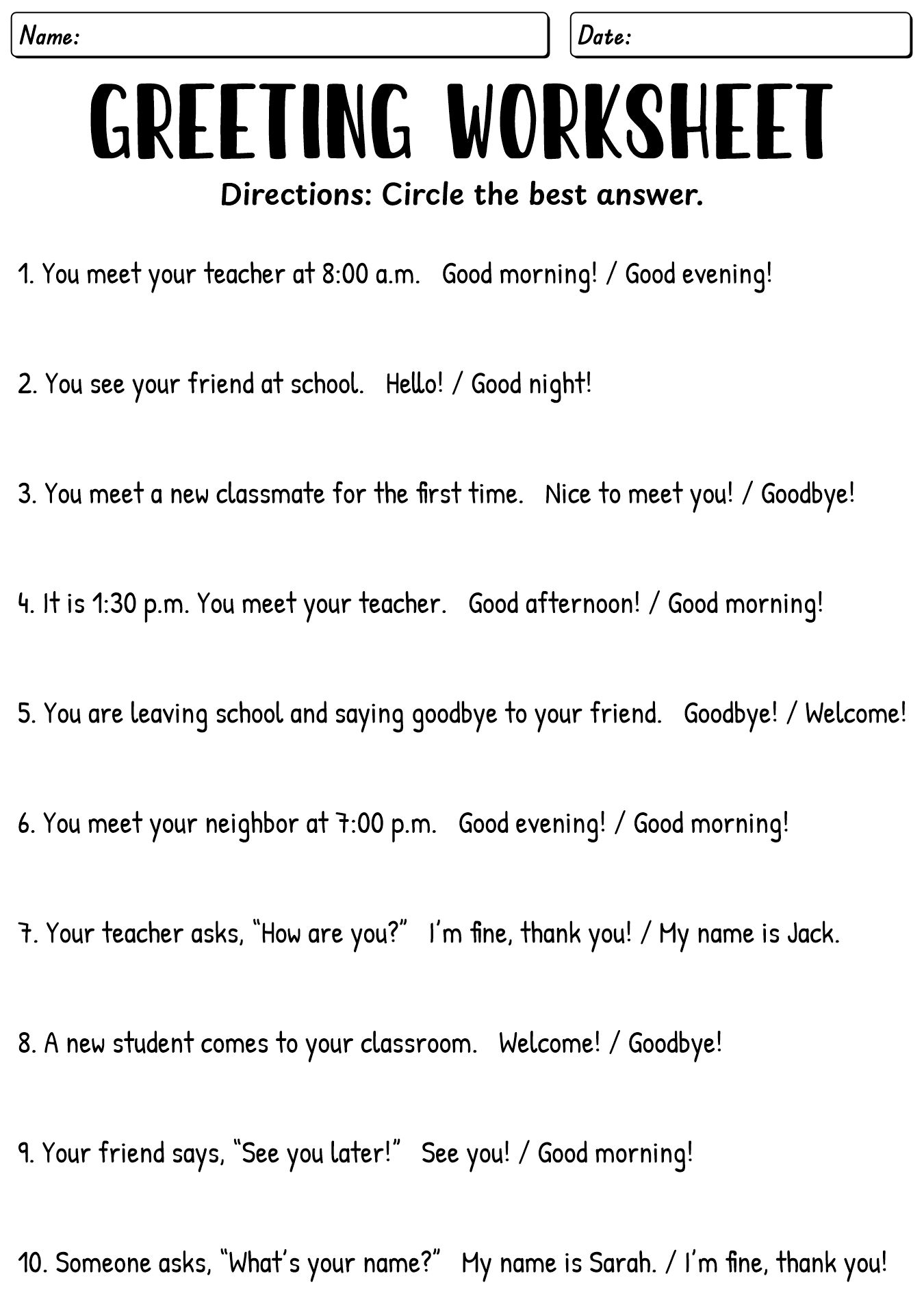 English Greeting Exercises for 2nd Graders
