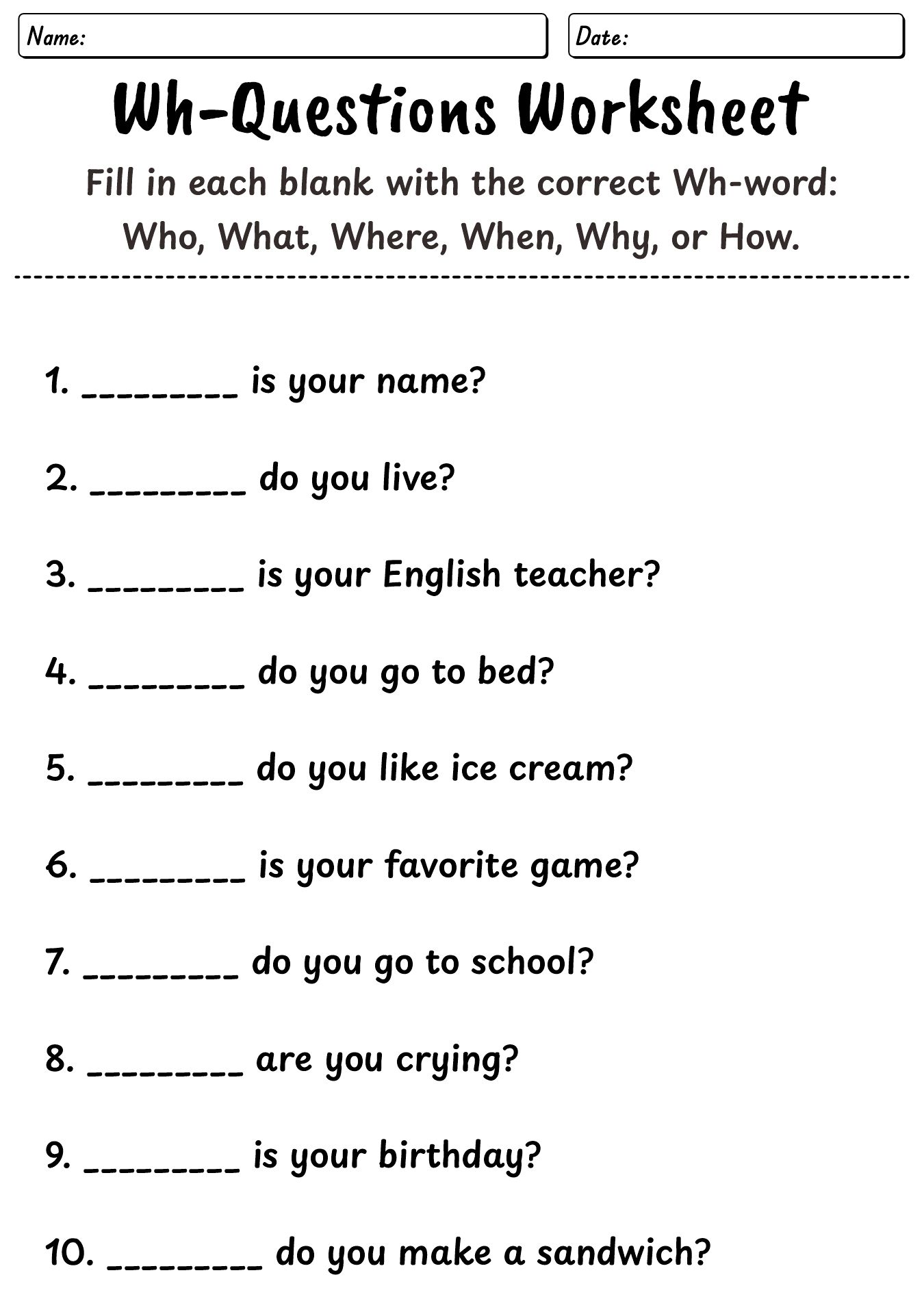 ESL Wh-Questions Worksheets Printable