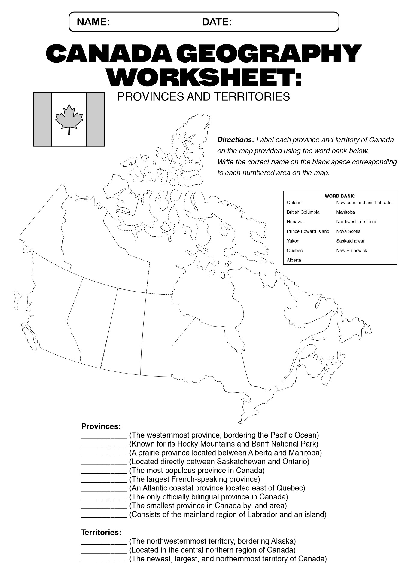 Fill-in-the-Blank Canada Map Geography Worksheet