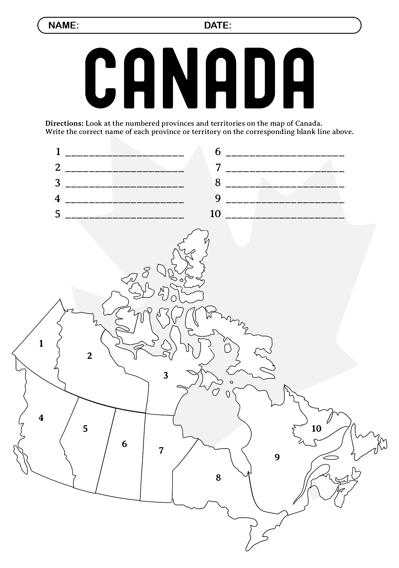 Fill-in-the-Blank Canada Map Worksheet for Homework