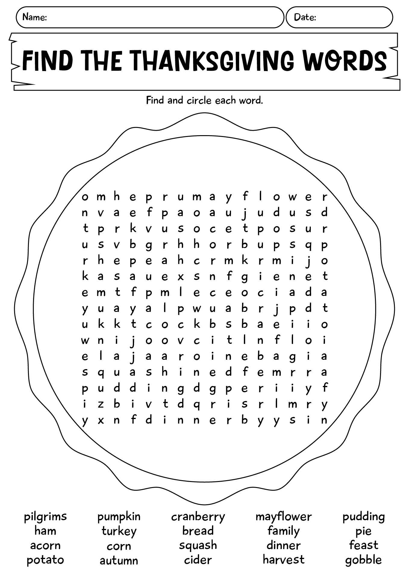 Find The Thanksgiving Words Worksheet