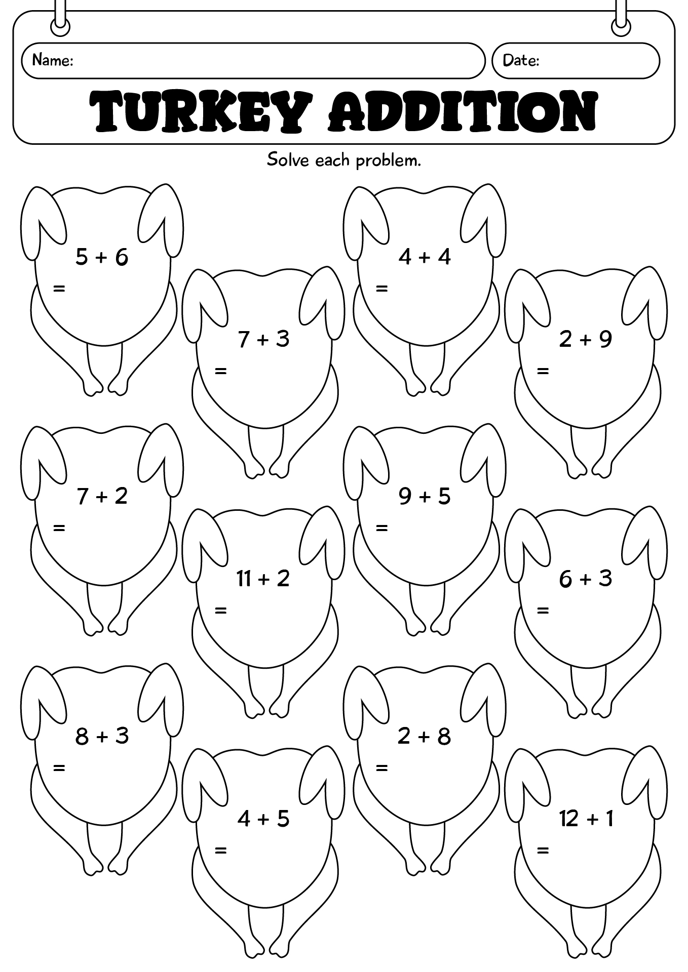 First Grade Turkey Addition Worksheet