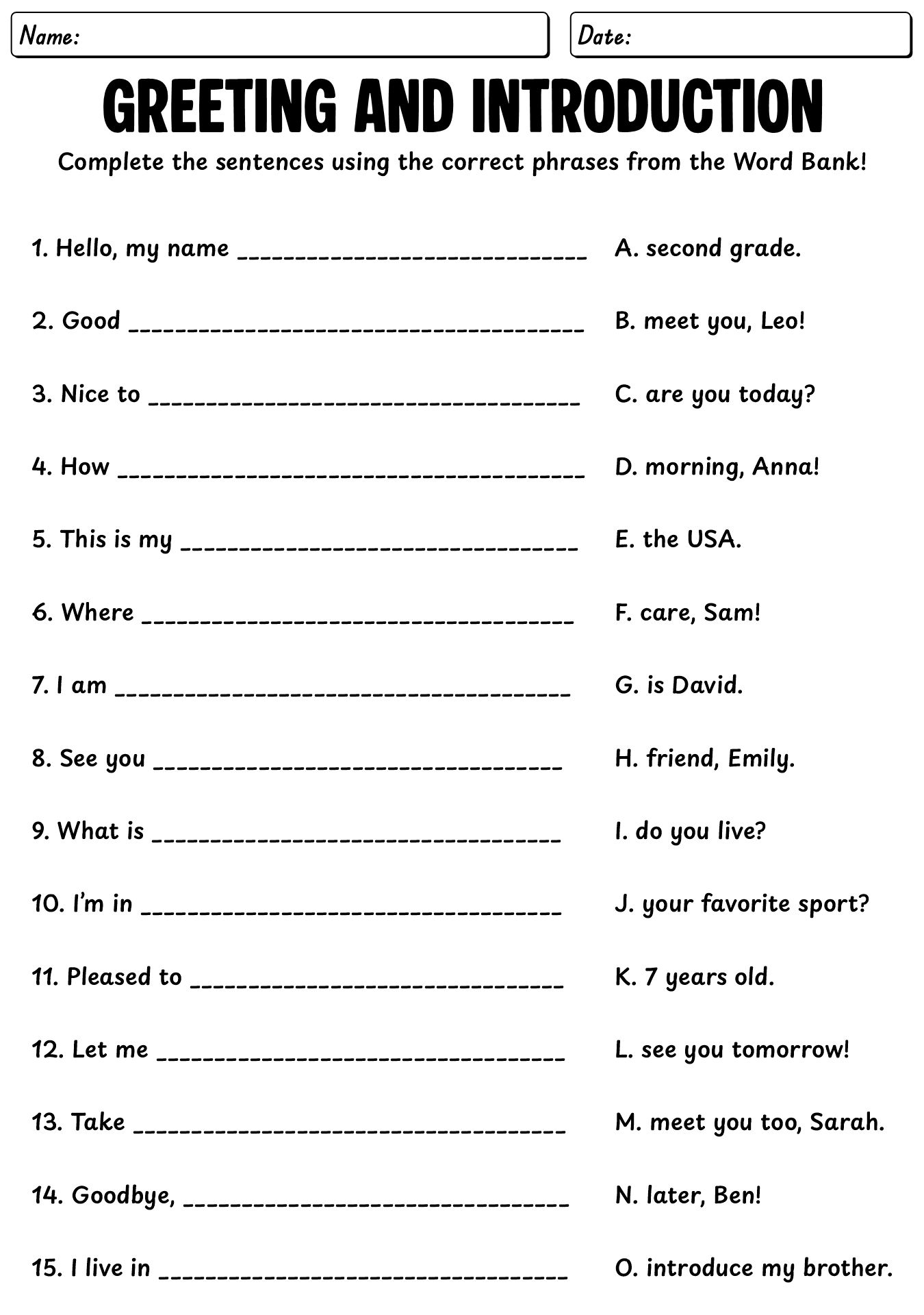 Greeting And Introduction Worksheet For 2nd Grade