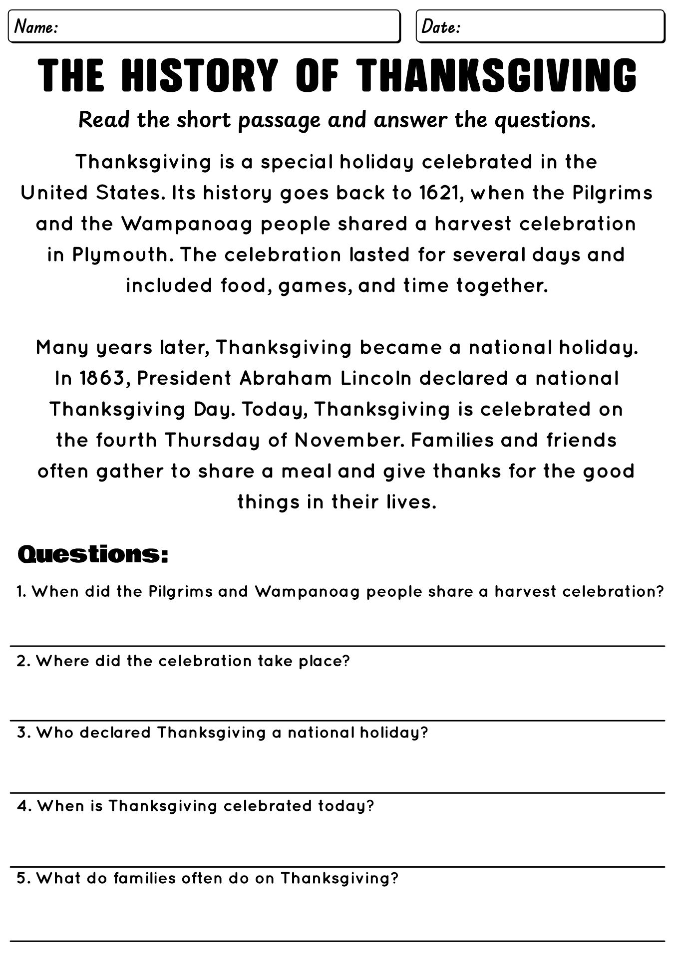 History of Thanksgiving Reading Activities Worksheets