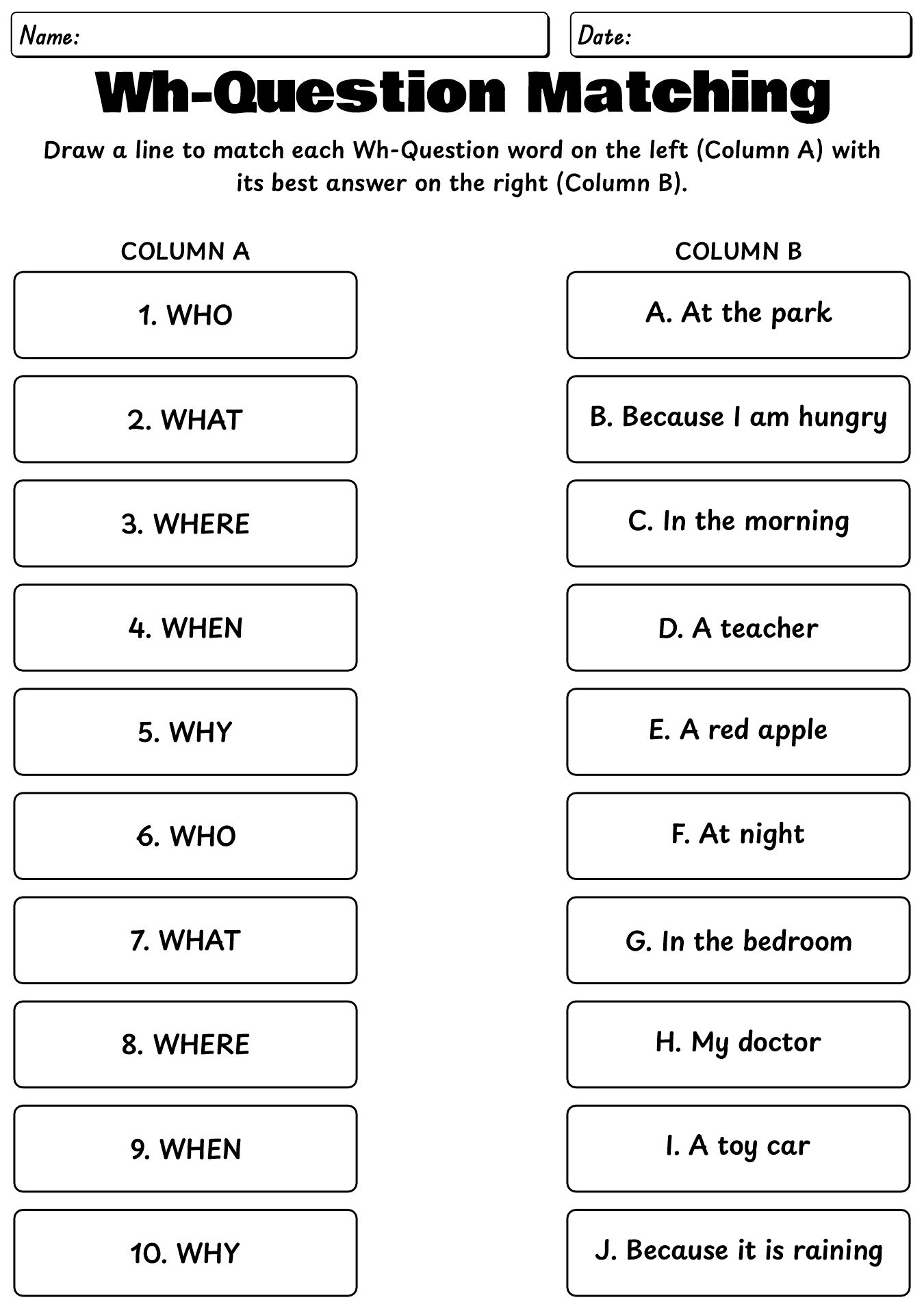 Kindergarten Wh-Questions Learning Sheets Printable