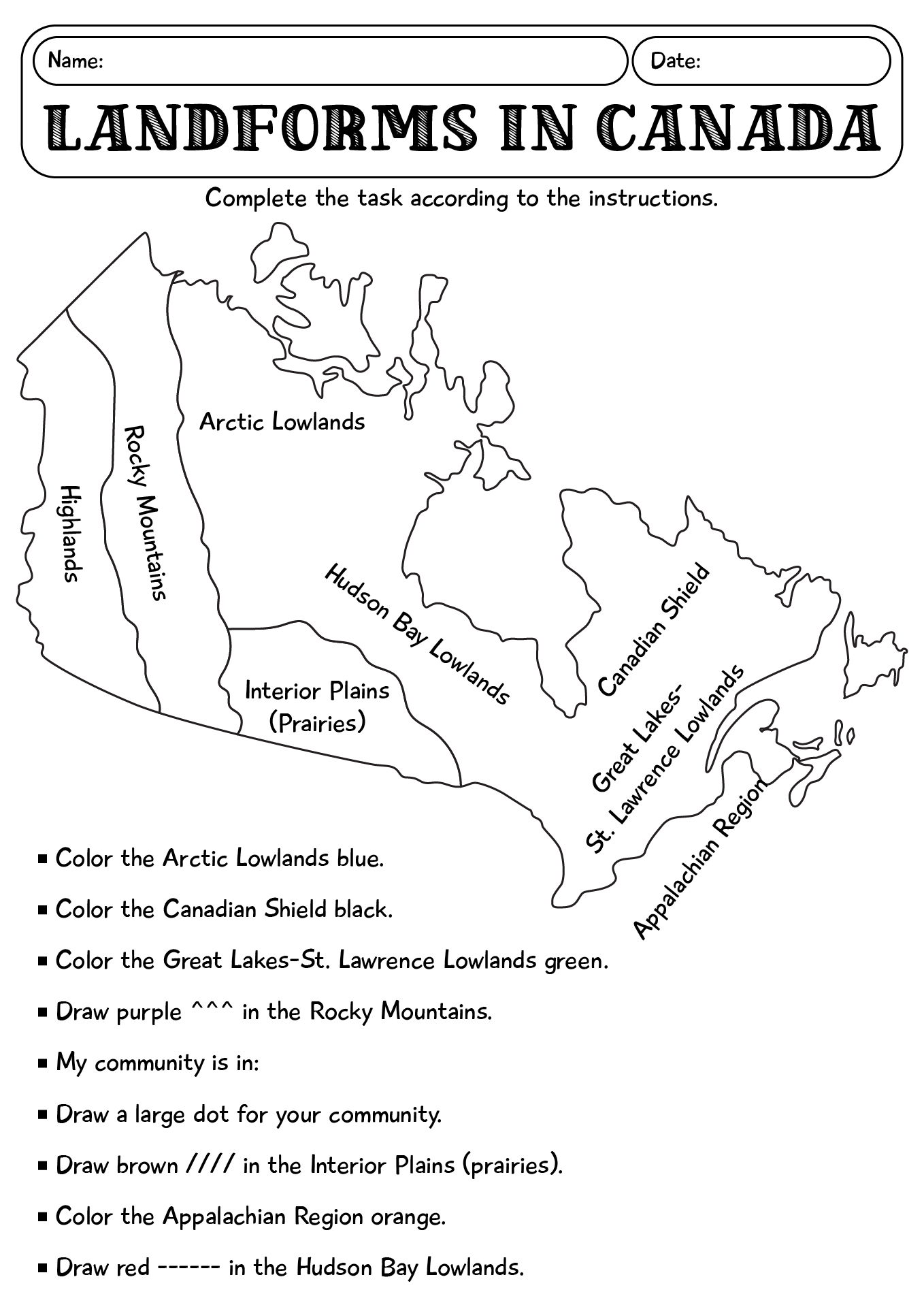 Landforms In Canada Map Worksheets