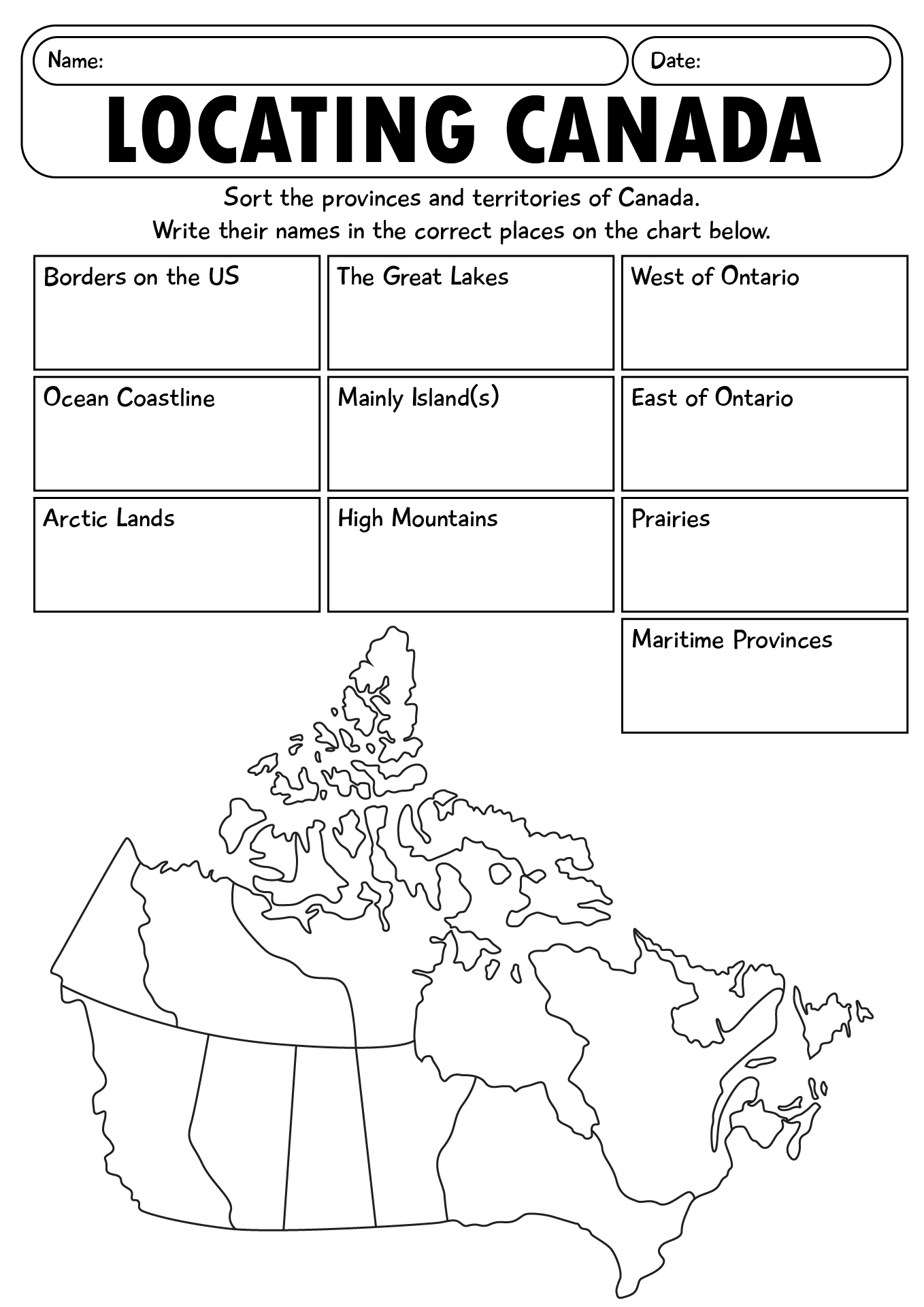 Locating Canada & Mapping Skills Worksheets