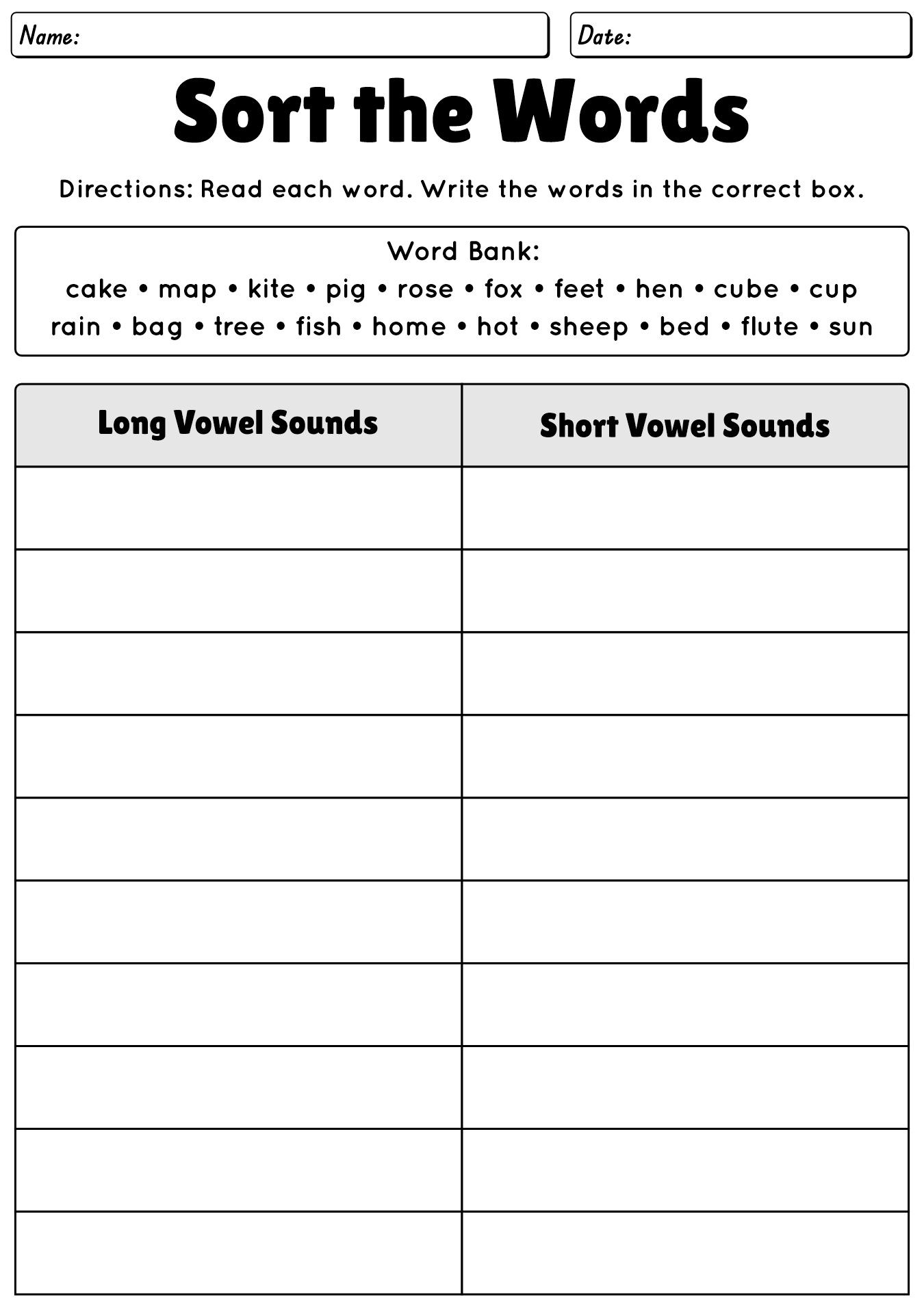 Long And Short Sounds Worksheet For Second Grade