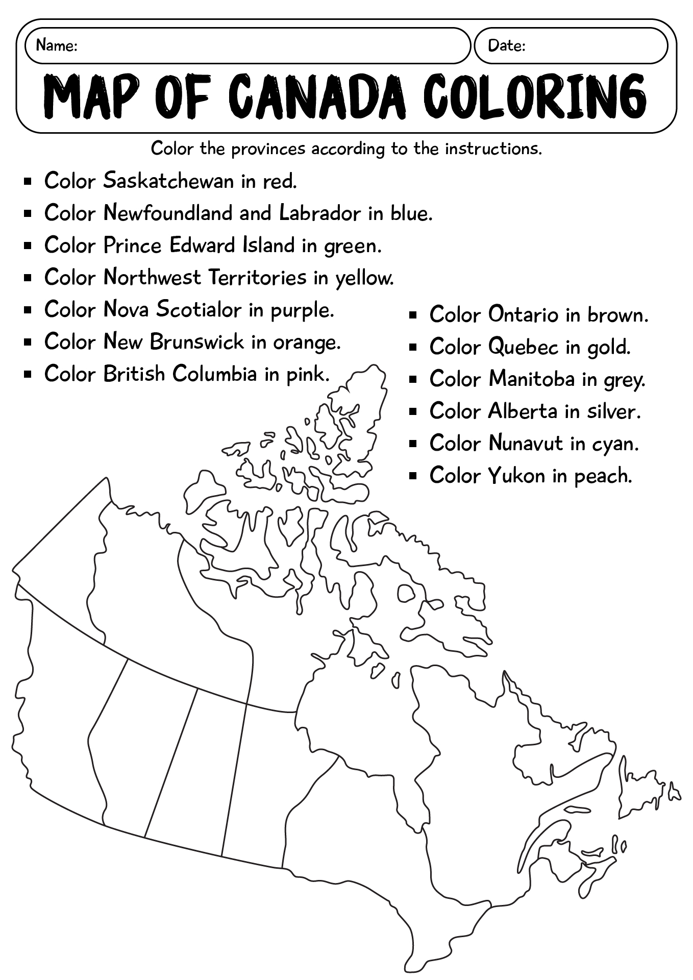 Map Of Canada Coloring Worksheet
