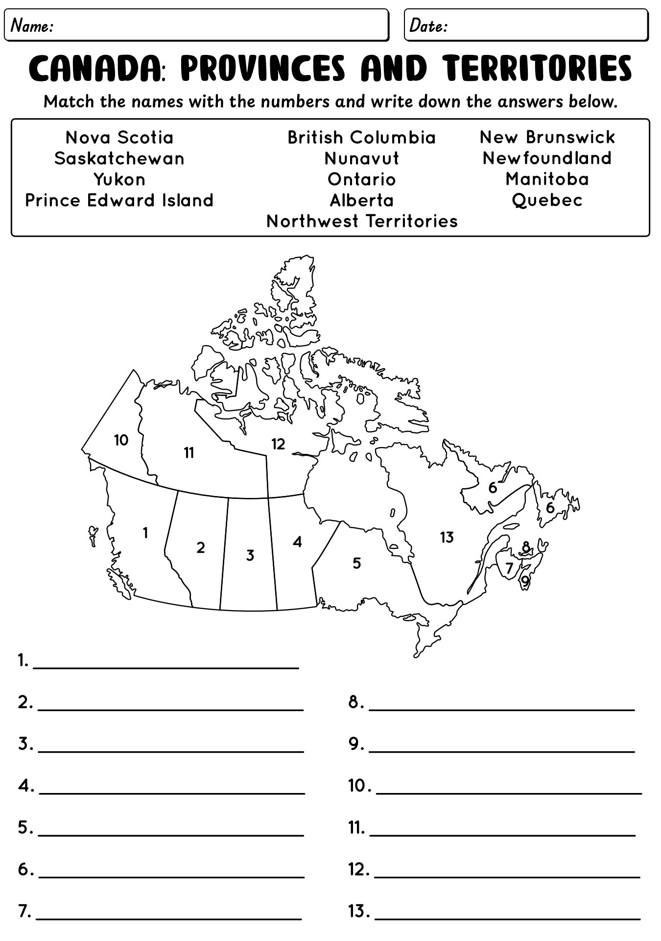 Map Of Canada Quiz Worksheet