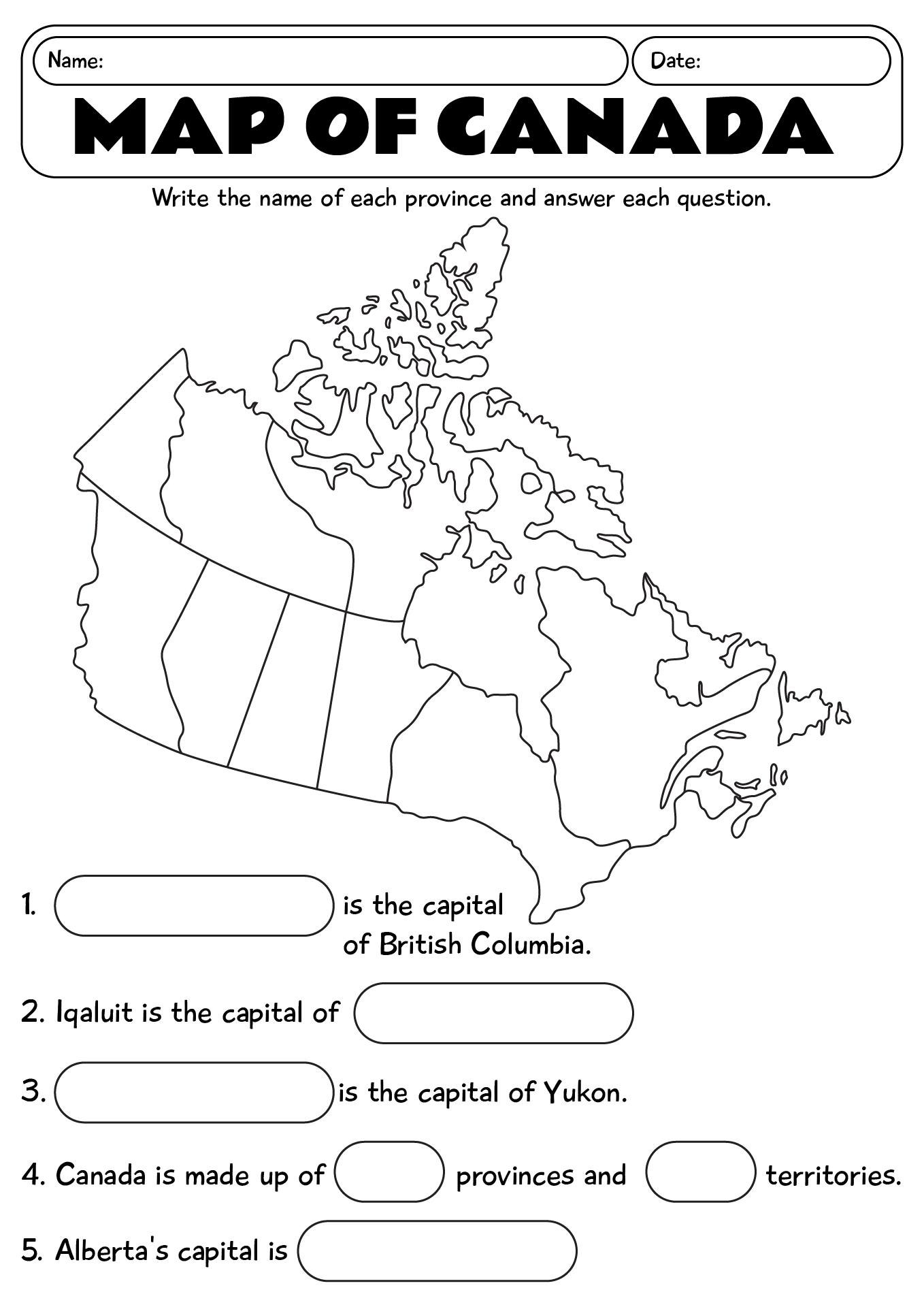 Map Of Canada For Students Worksheet