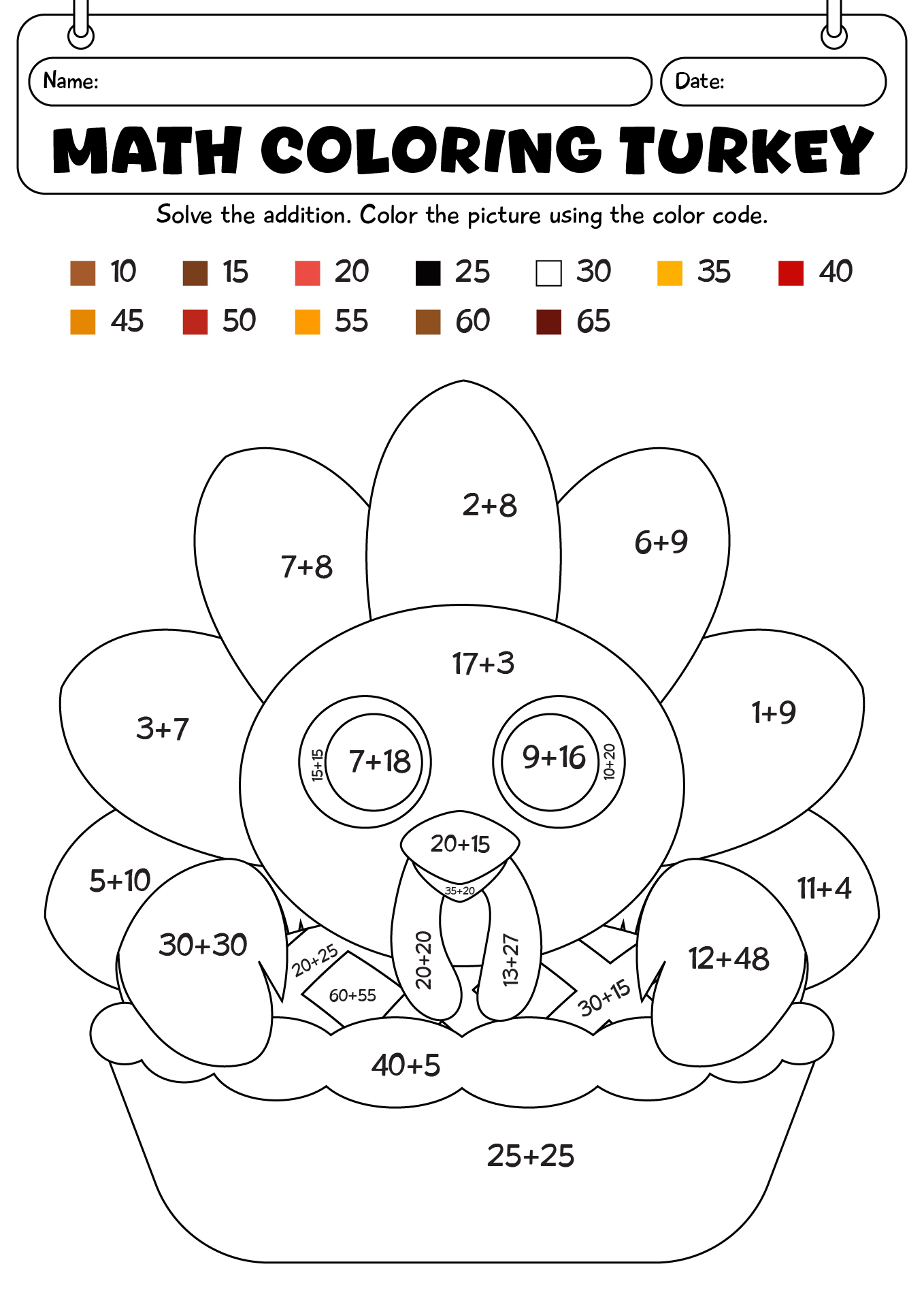 Math Coloring Turkey Worksheet For First Grade