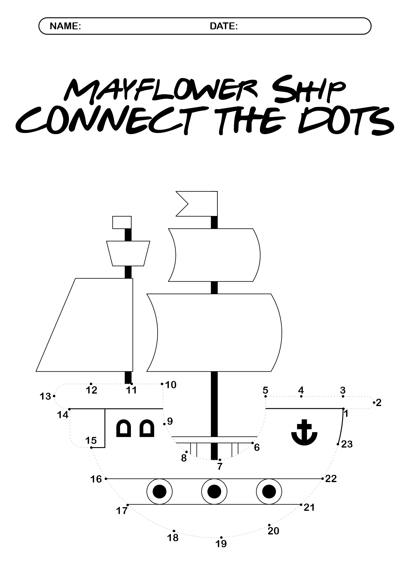 Mayflower Ship Connect the Dots Activity Worksheet