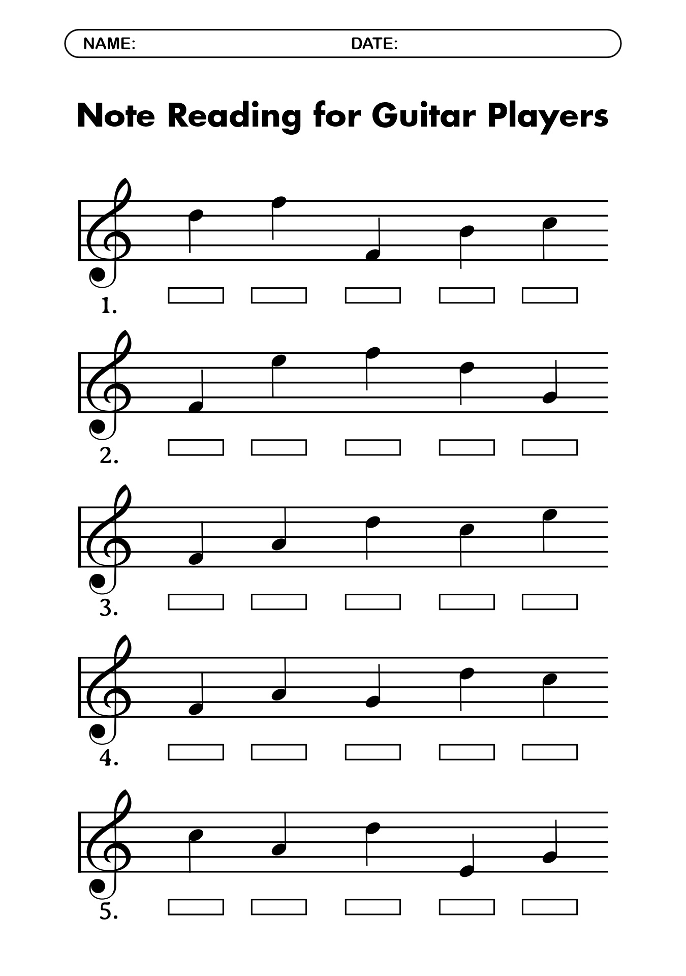 Note Reading Worksheets for Guitar Players