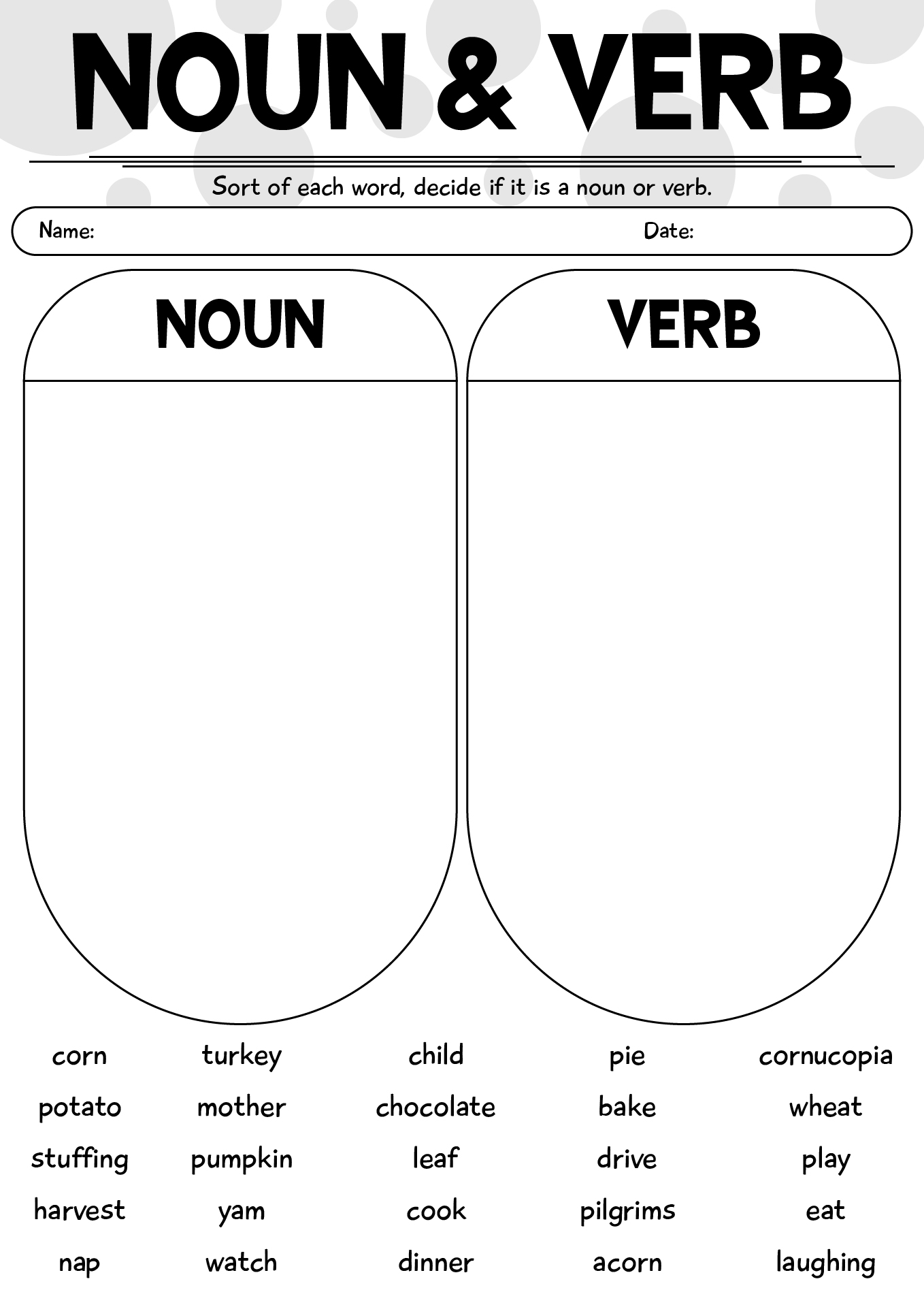 Noun And Verb Sort Thanksgiving Worksheet