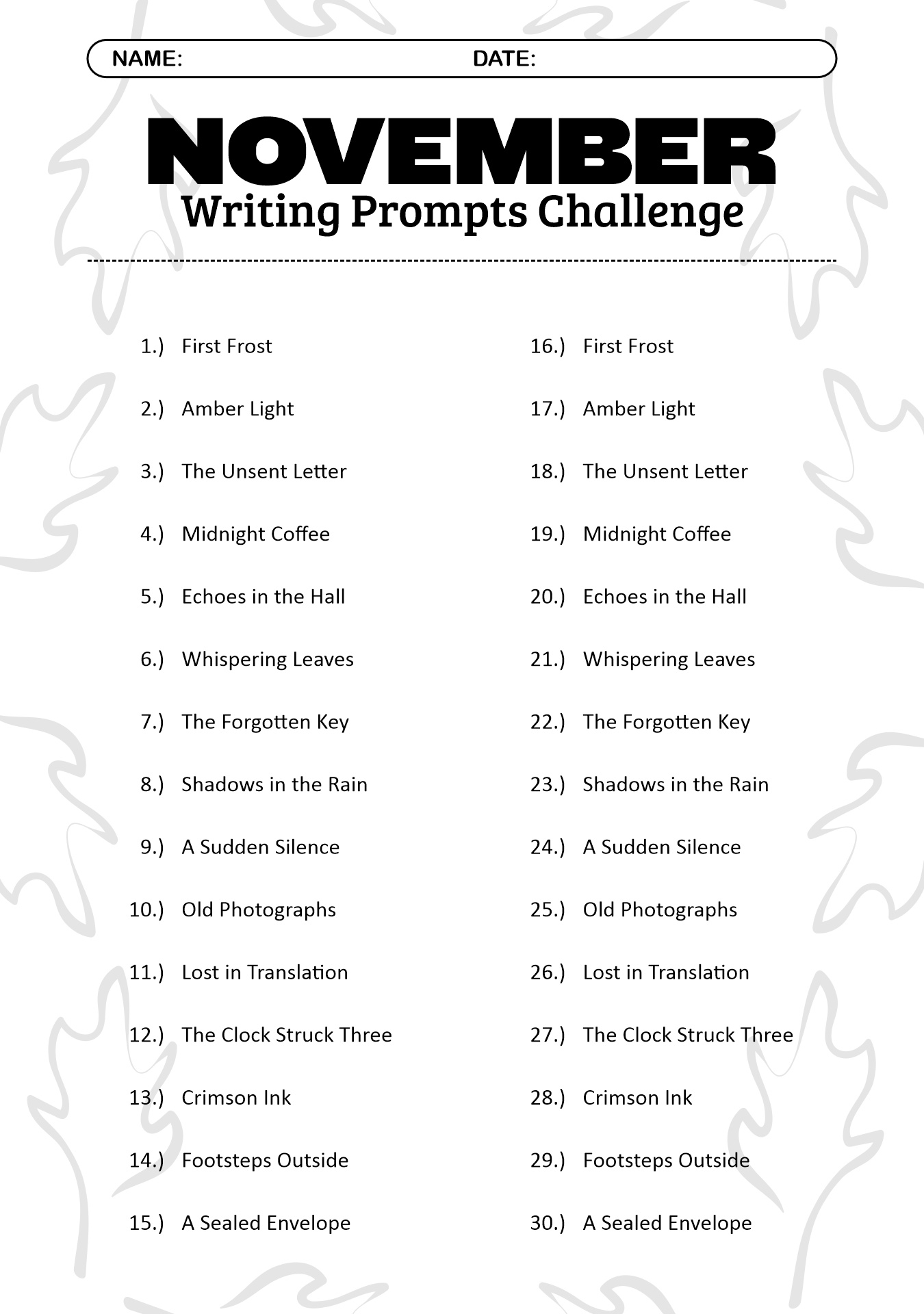 November Writing Challenge Prompts