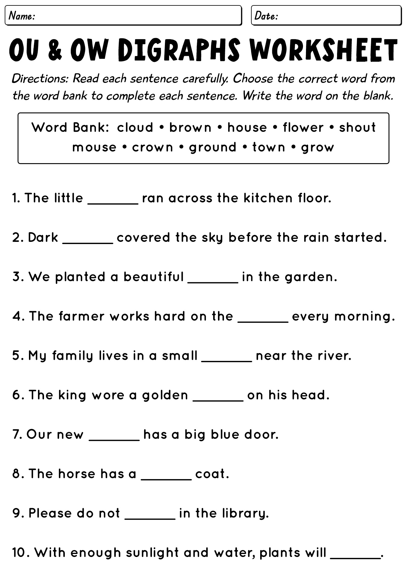 OU OW Digraphs Worksheet