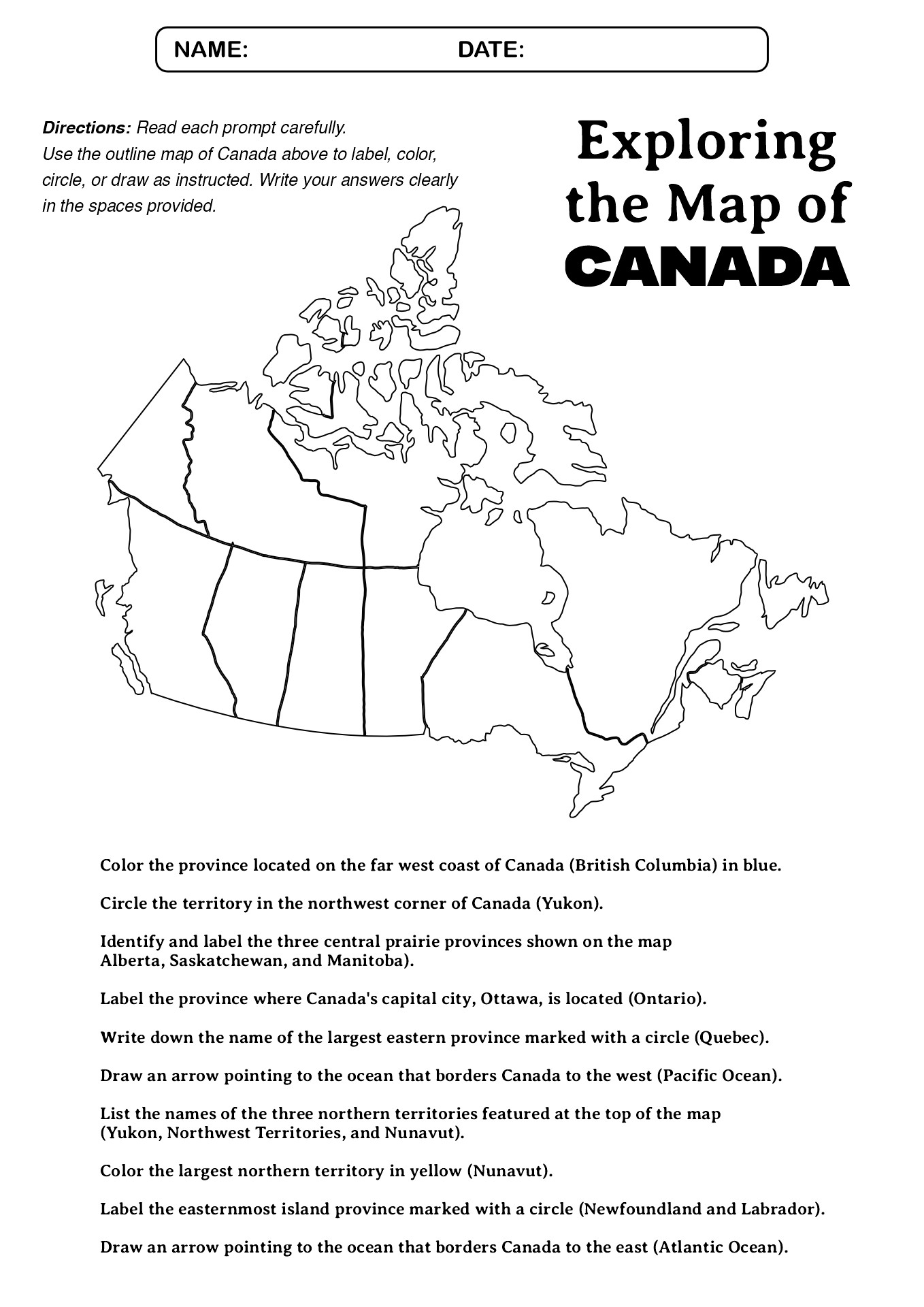 Outline Map of Canada Learning Worksheet