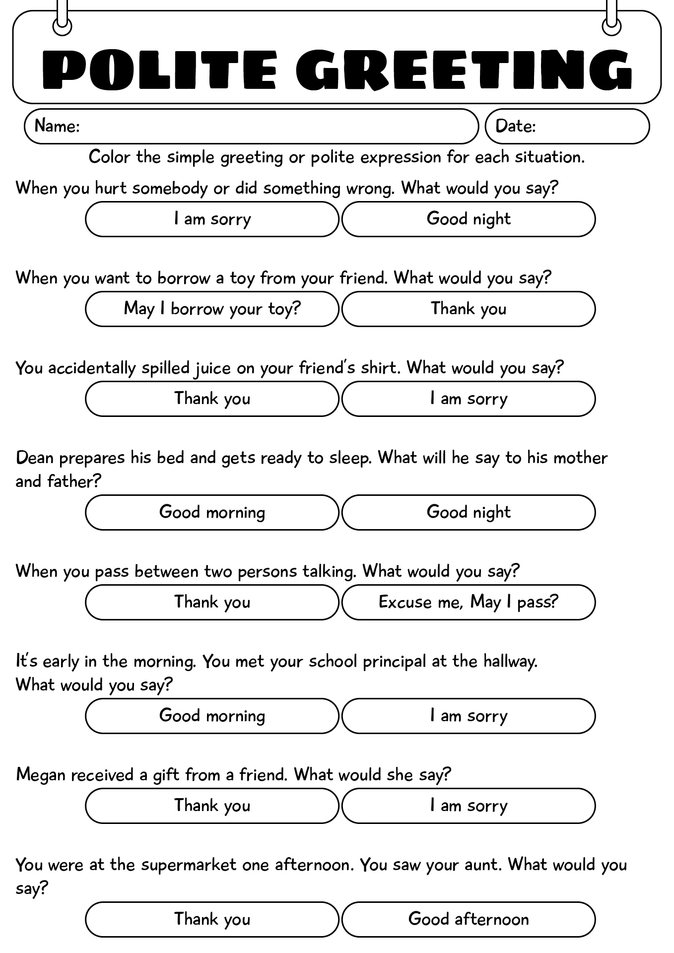 Polite Greeting Worksheet For 2nd Grade