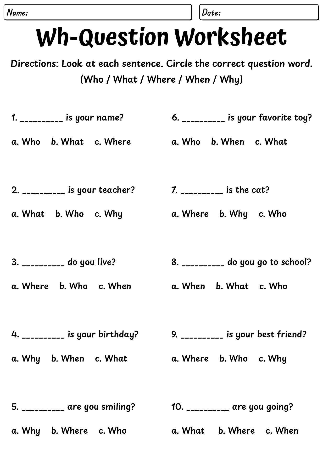 Preschool Wh-Question Sheets Printable