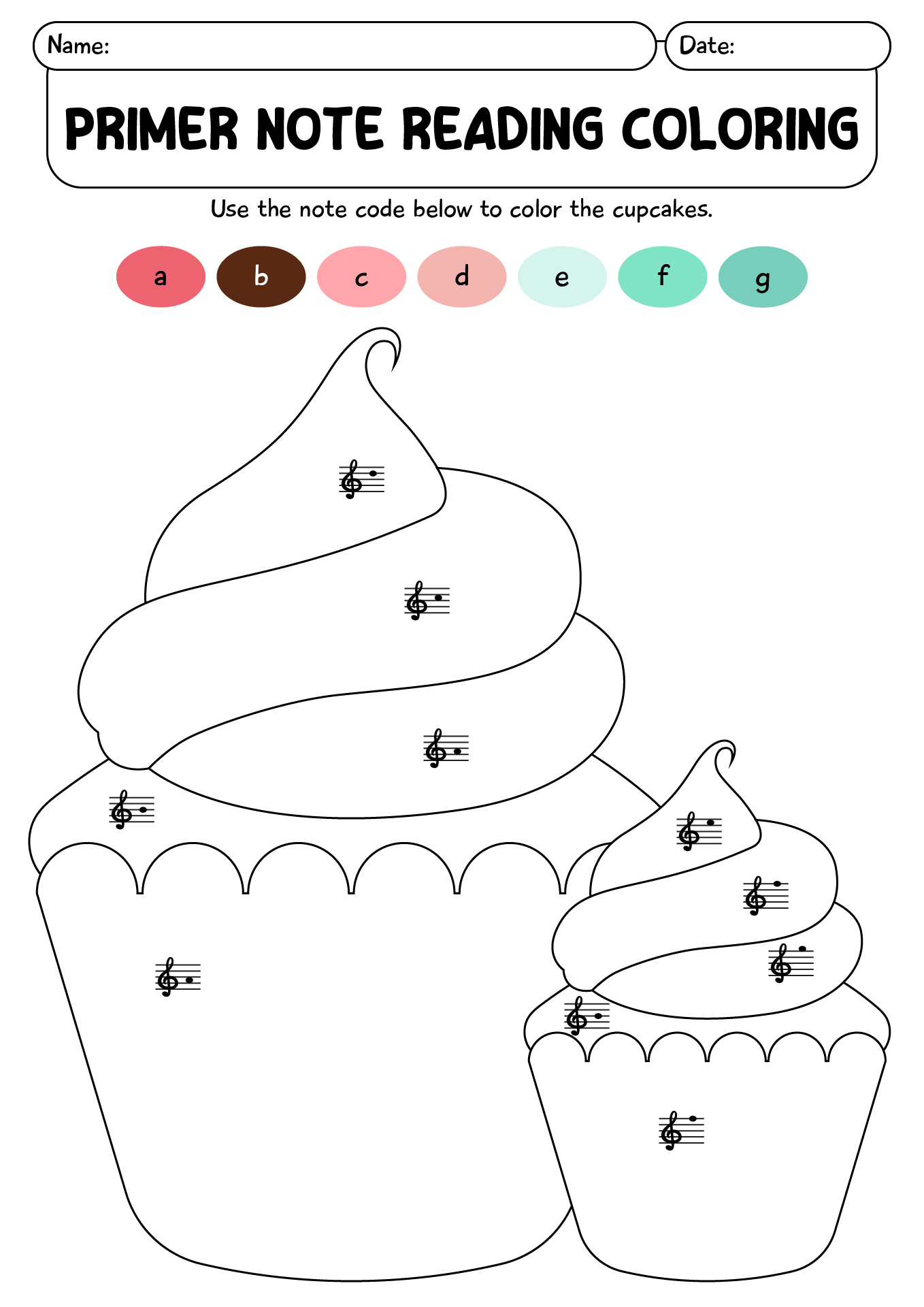 Primer Note Reading Coloring Activity Worksheets